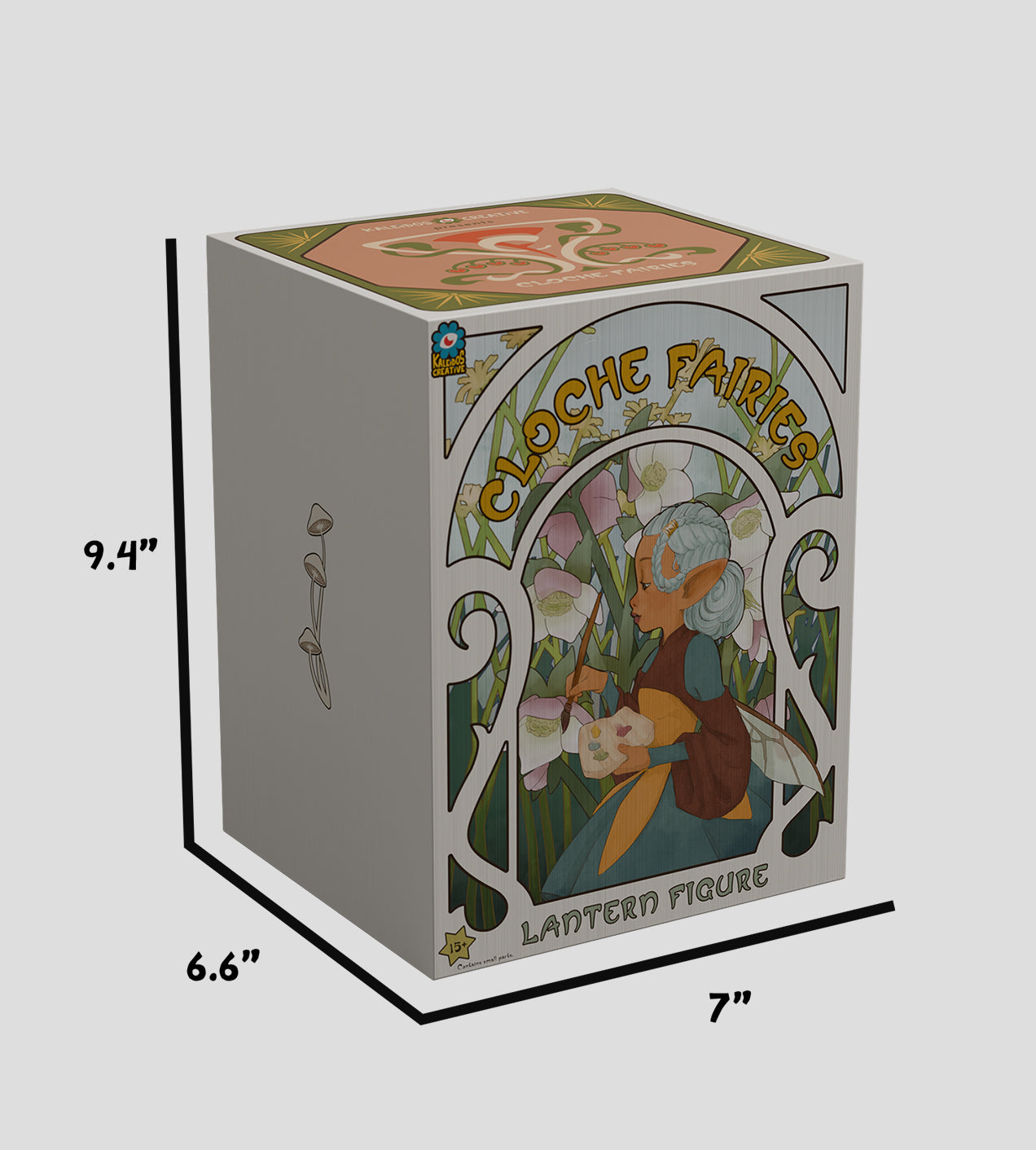 Cloche Fairies - Hellie kit box with Art-Nouveau fairy illustration, USB-C powered lantern feature, and preorder details for Strangecat Toys' art collection.