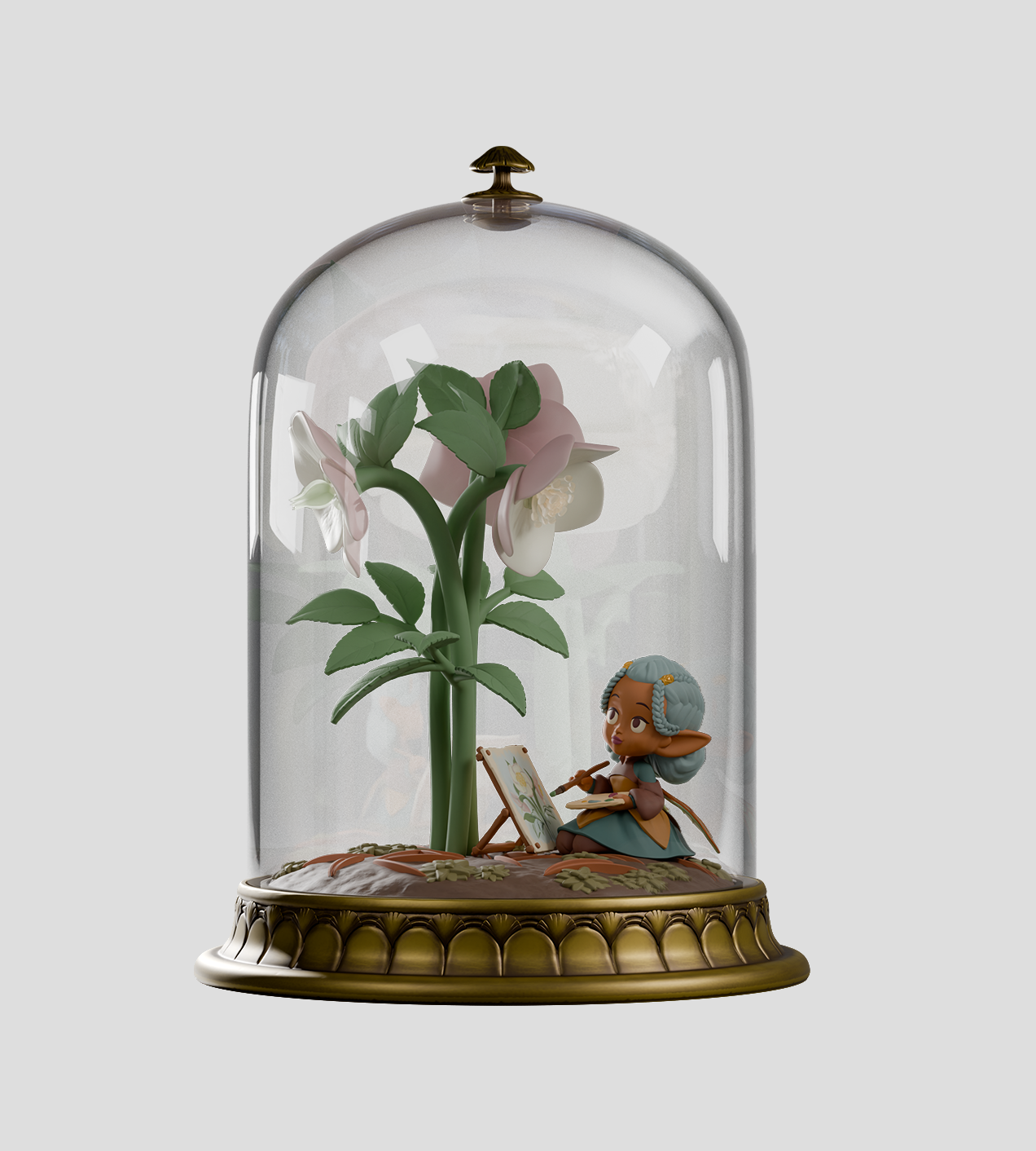 Cloche Fairies - Hellie diorama under glass jar featuring a fairy painting a flowering plant. Includes USB-powered LED lights in front flowers.