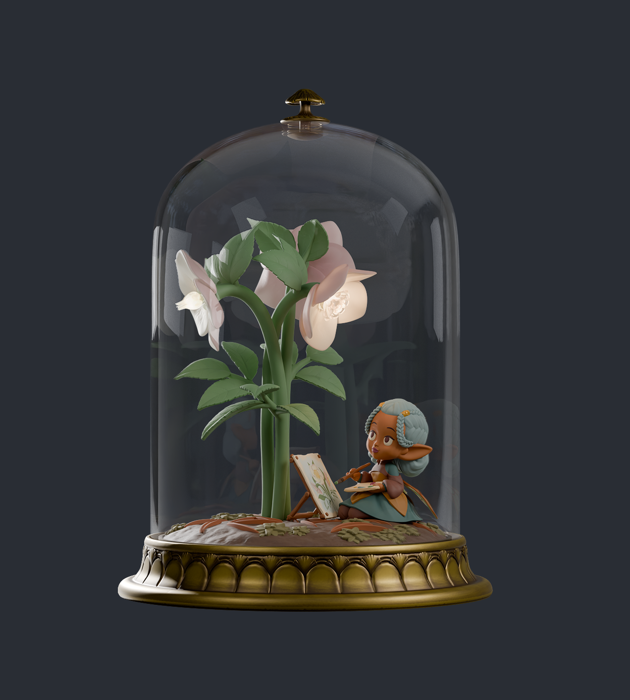 Cloche Fairies - Hellie diorama features a USB-powered glowing flower scene with an elf figure painting, under a decorative glass cloche.
