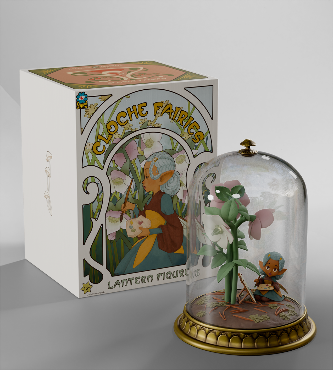 Cloche Fairies - Hellie - Preorder: Fairy under a glass cloche with hellebore blooms, USB-powered lantern, shown beside art-nouveau style packaging box.