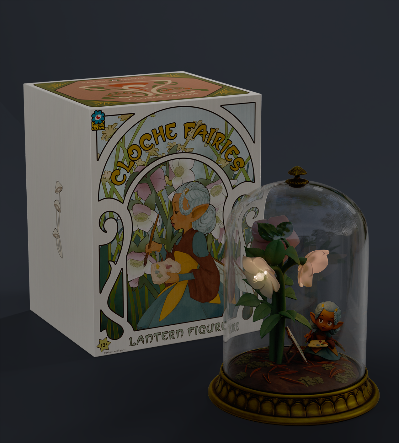 Cloche Fairies - Hellie - Preorder: A collectible diorama under a glass cloche, featuring a fairy with a palette, USB-powered, glowing flower blooms. Box by Kaleidos Creative.
