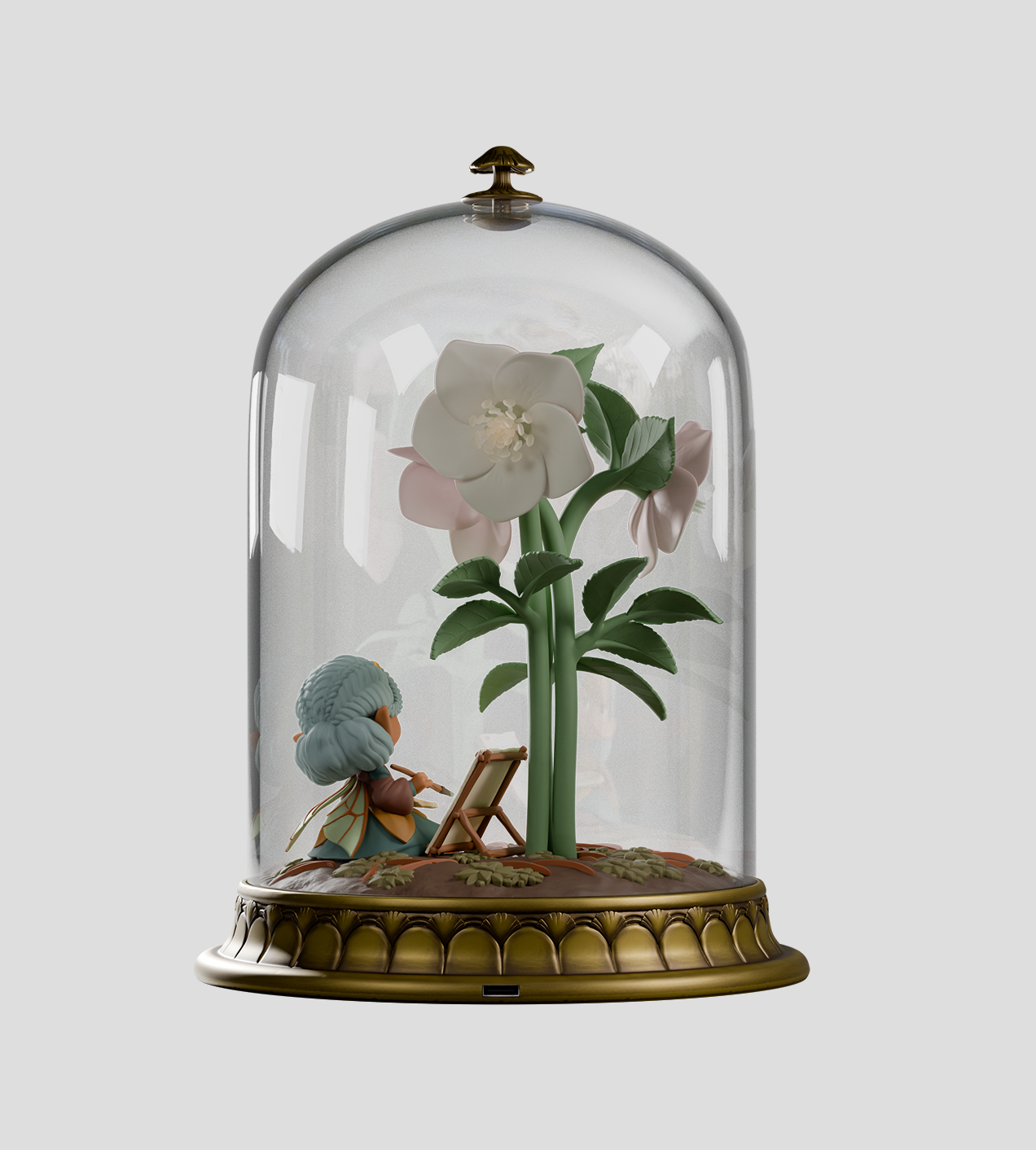 Cloche Fairies - Hellie: A diorama under a glass cloche with a fairy painting a lenten rose, featuring LED-lit flowers and USB-c connectivity.