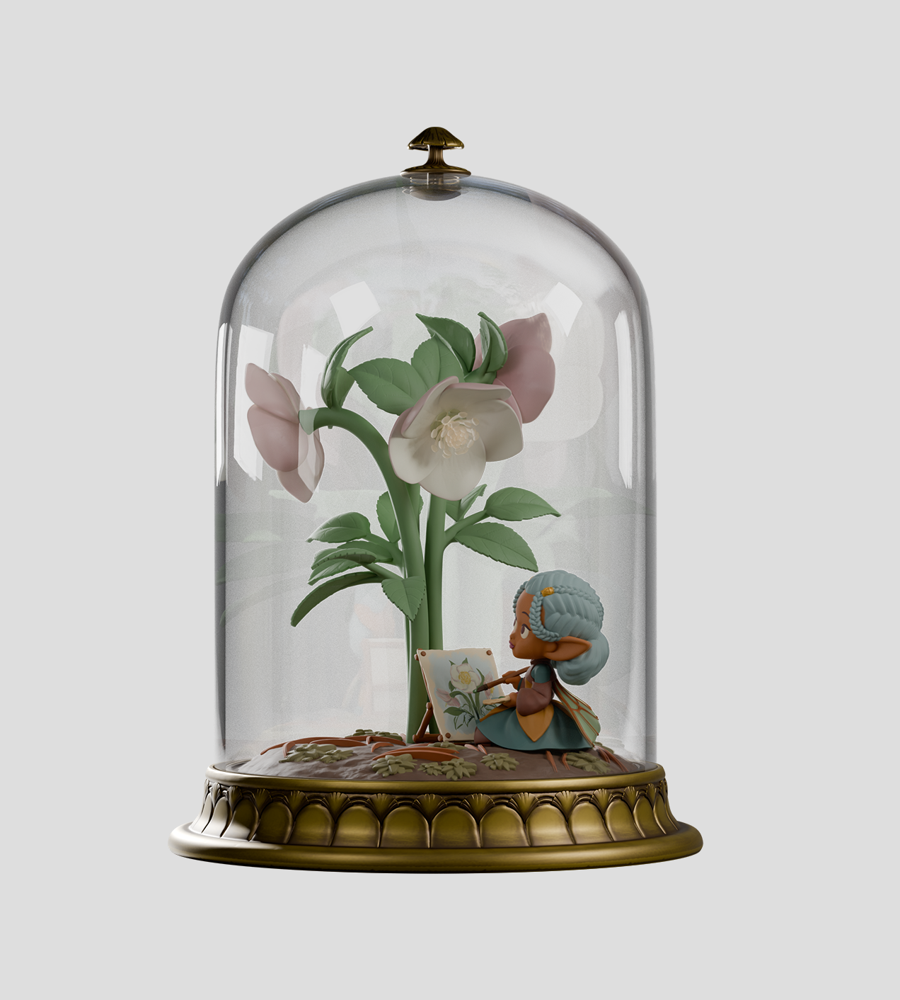 Cloche Fairies - Hellie in a glass cloche: a fairy painting a flower under USB-powered lights, blending whimsical art with functionality. Preorder.