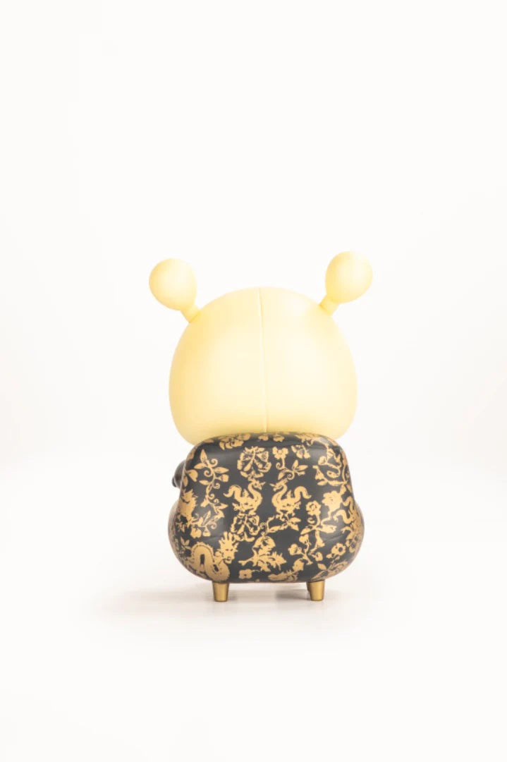 Napa - Obsidian vinyl art-toy with a yellow head, black body adorned with gold dragon-floral design, limited edition of 75 from Strangecat Toys.