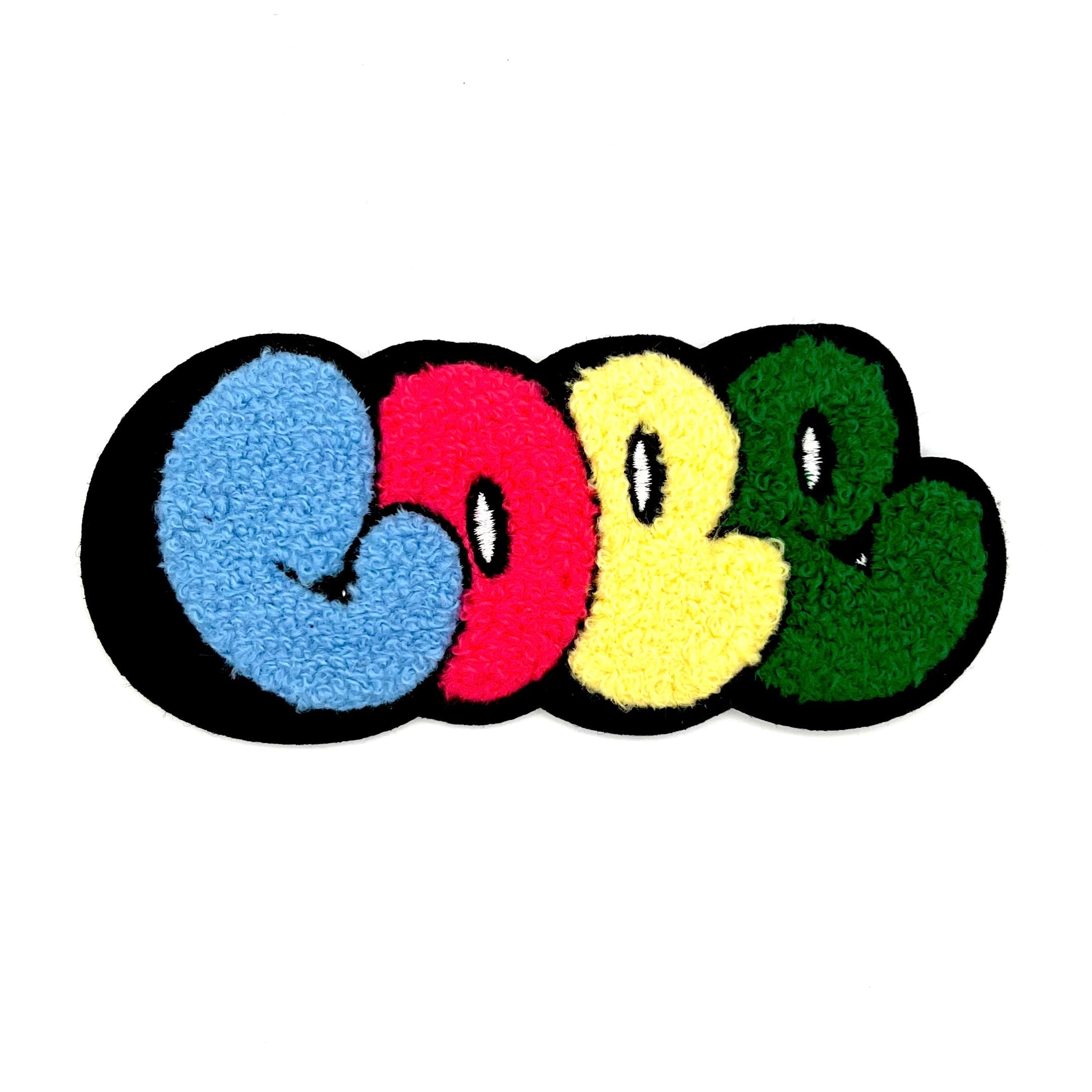 Cope2 Bubble Tag Chenille Patch featuring colorful fuzzy letters, designed as a high-quality iron-on patch for art toy enthusiasts.