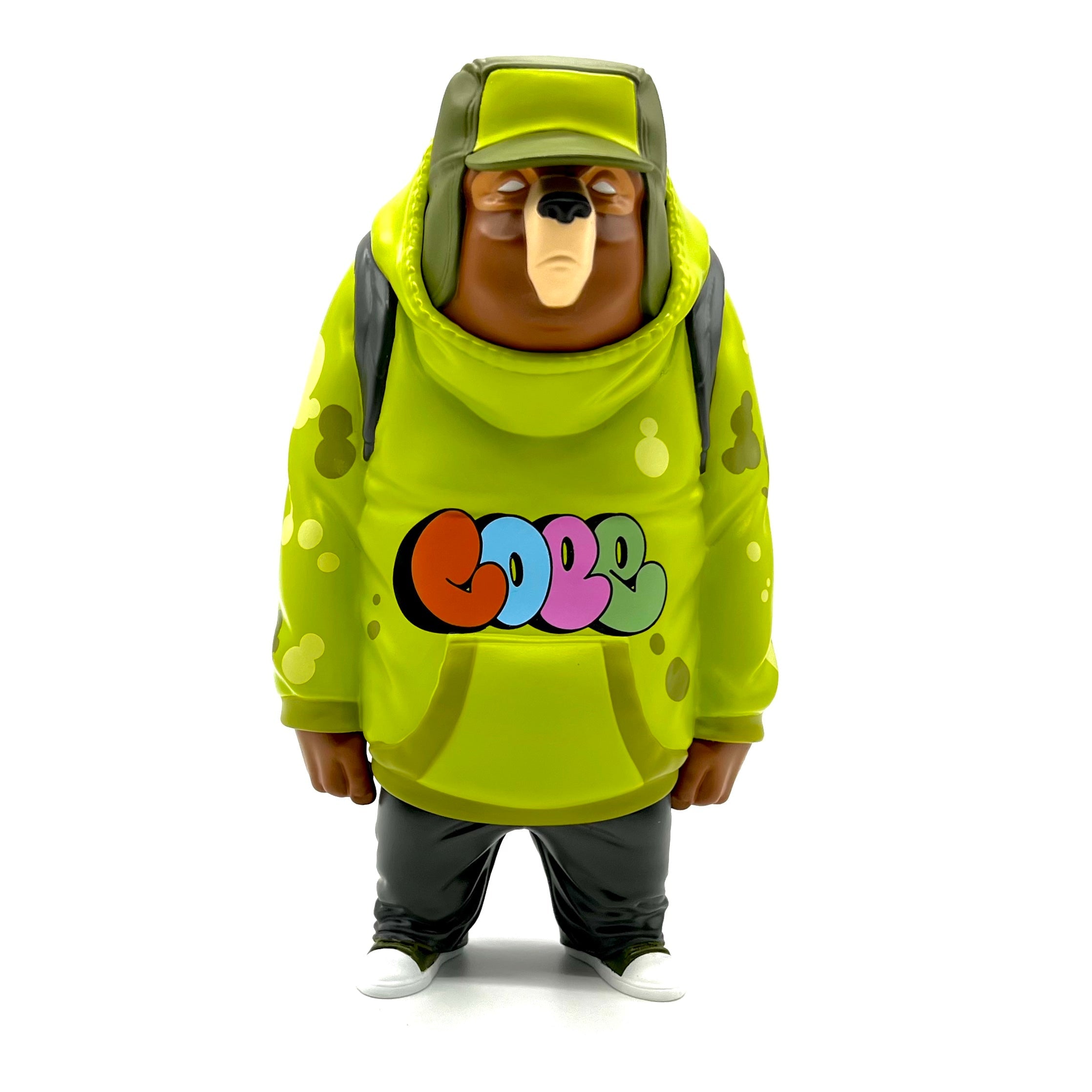 Kub Lime vinyl figure by Mike Fudge x Cope2, toy bear in green hoodie, limited edition art toy.