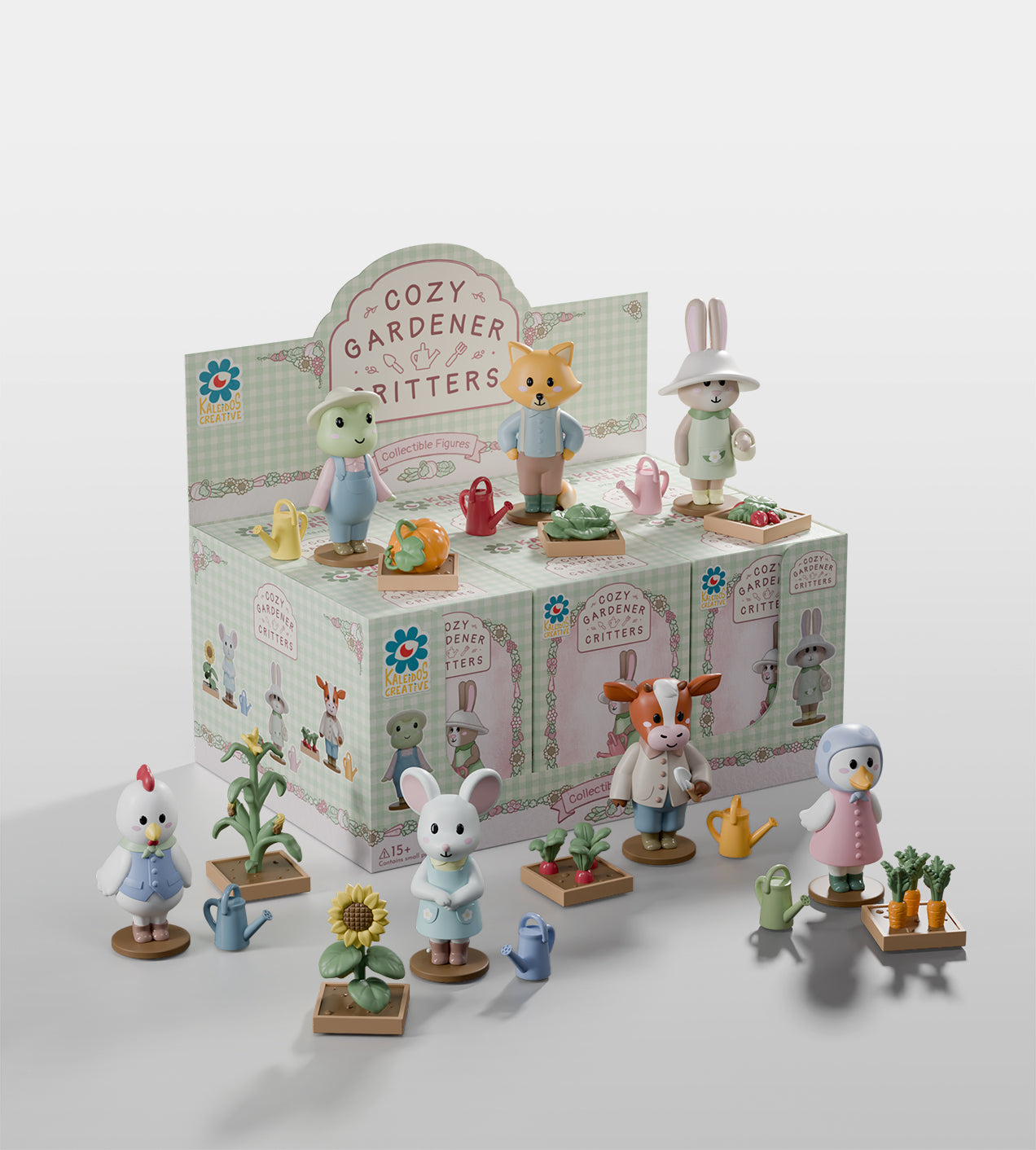 Cozy Gardener Critters Blind Box featuring collectible animal gardener figures with gardening accessories, displayed in a gingham-patterned box. Perfect for desk-toy enthusiasts.