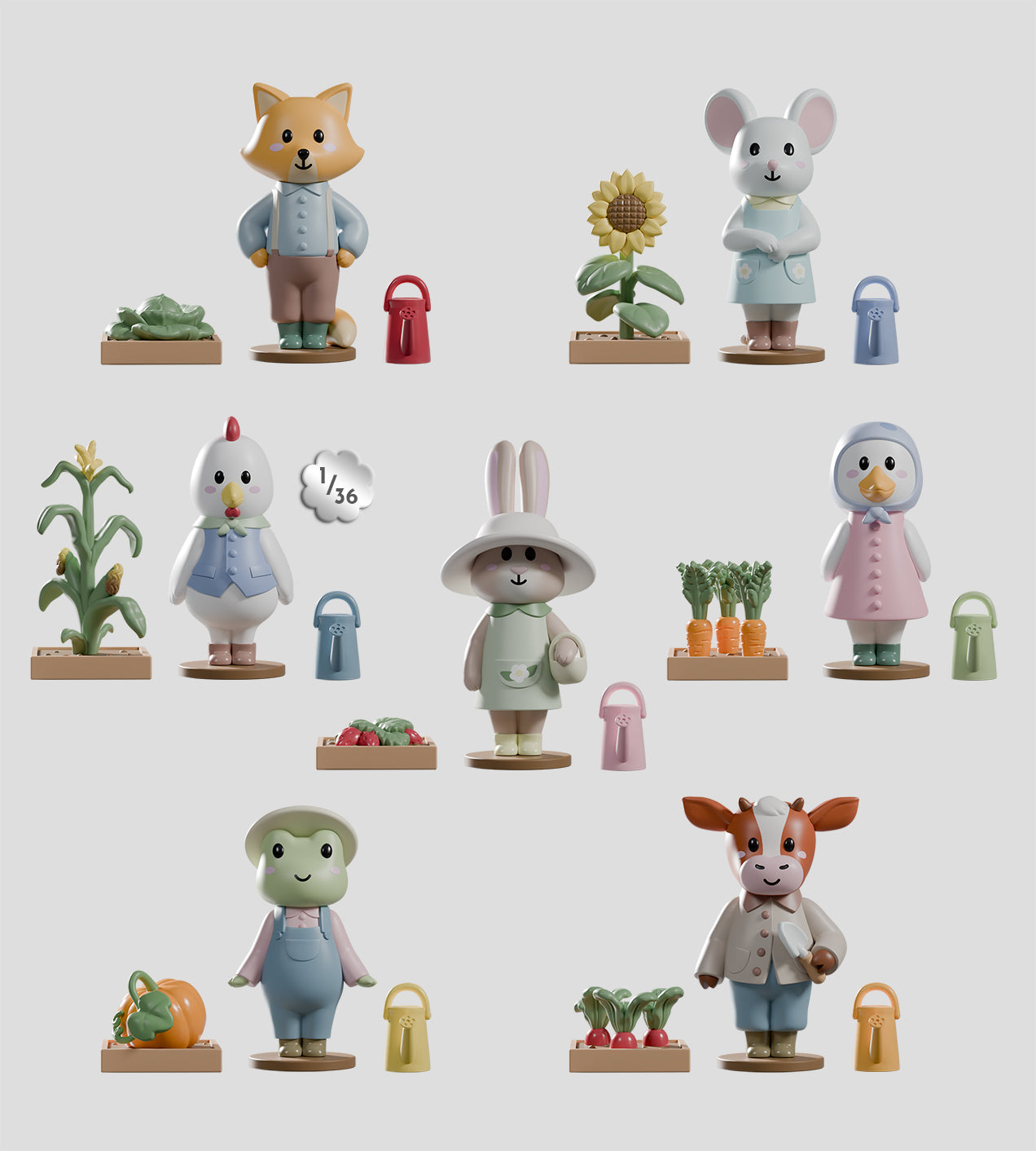 Cozy Gardener Critters Blind Box: Seven stylized garden-themed animal figures, each with its own crop and watering can, perfect for collectible miniature gardening fun.