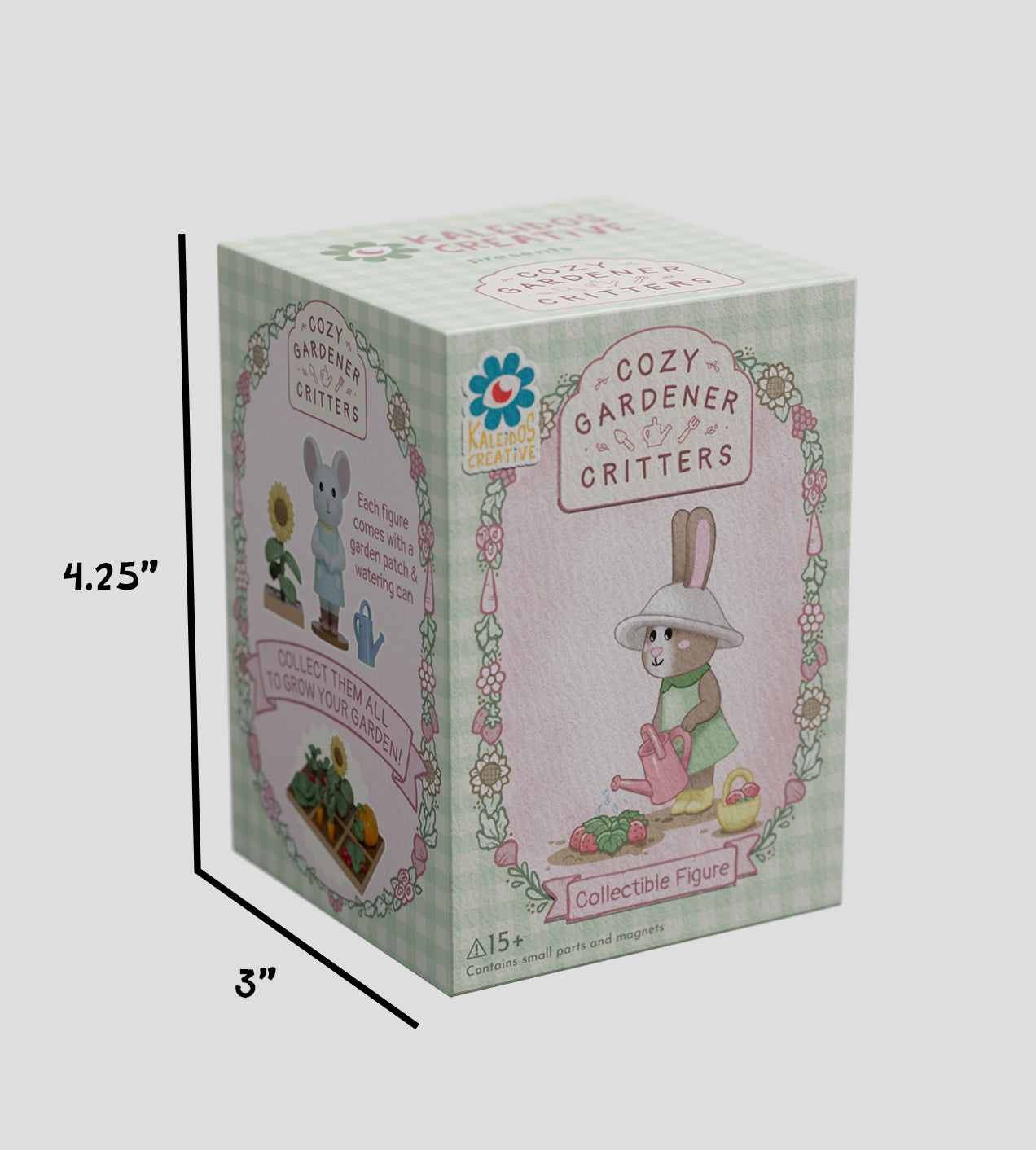Cozy Gardener Critters Blind Box featuring a rabbit and mouse, each with garden accessories. Collectible figures with garden patch, watering can. Ages 15+.