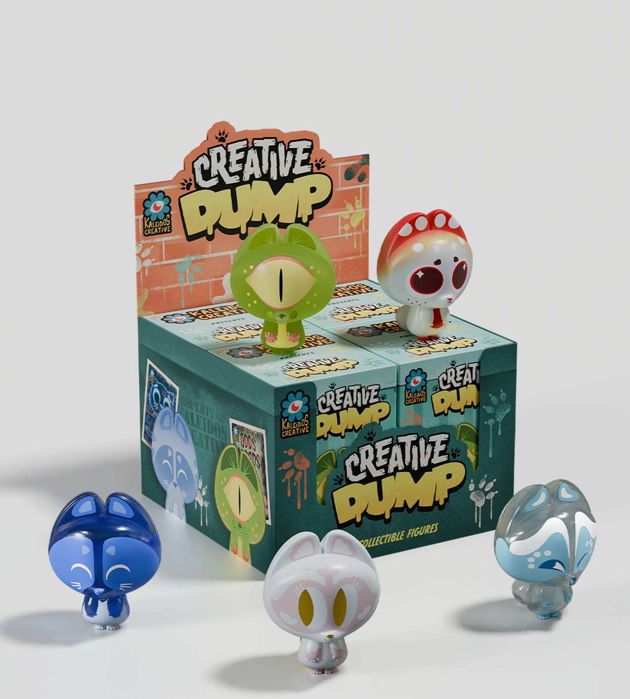 Creative Dump Blind Box display with five unique vinyl figures featuring cat-like designs, showcasing Kaleidos Creative's whimsical art toy collection at Strangecat Toys.