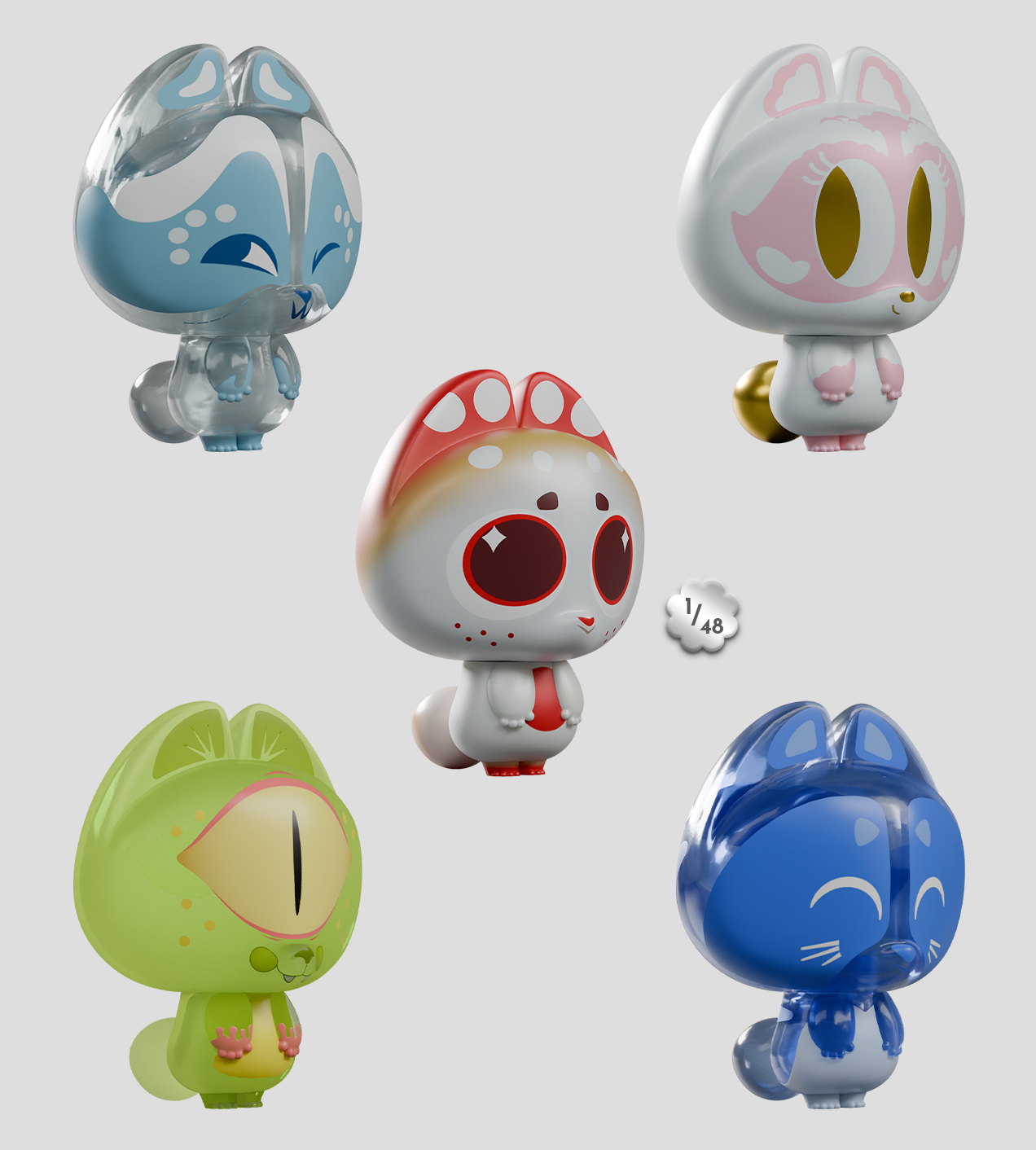 Creative Dump Blind Box showcasing five unique collectible figures with chibi proportions, highlighting varied colorways and surface treatments in a limited-edition toy series.