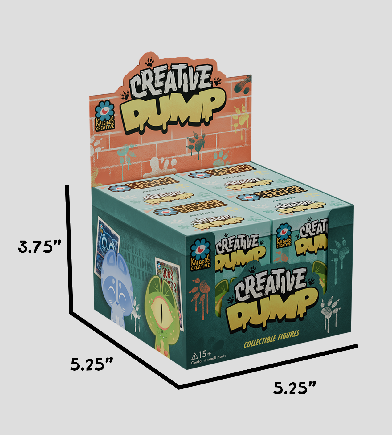 Creative Dump Blind Box display featuring graffiti branding, character teasers, and raccoon-themed art. Contains collectible figures from Kaleidos Creative, intended for ages 15+.