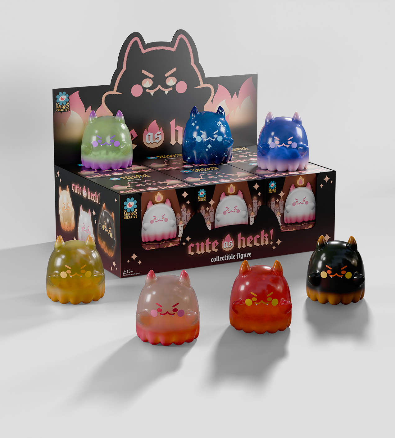 Cute as Heck! Blind Box - Preorder features translucent blob figures with horns and fangs, showcasing playful scowls and blushes, appealing to collectors.