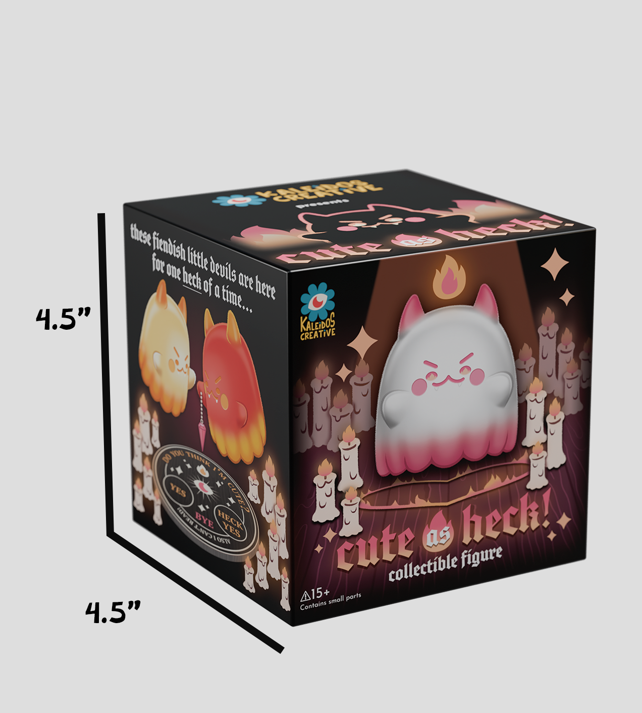 Cute as Heck! Blind Box mock-up featuring a chubby devil-ghost figure with candles, side art of devil buddies, and a playful goth-style text.