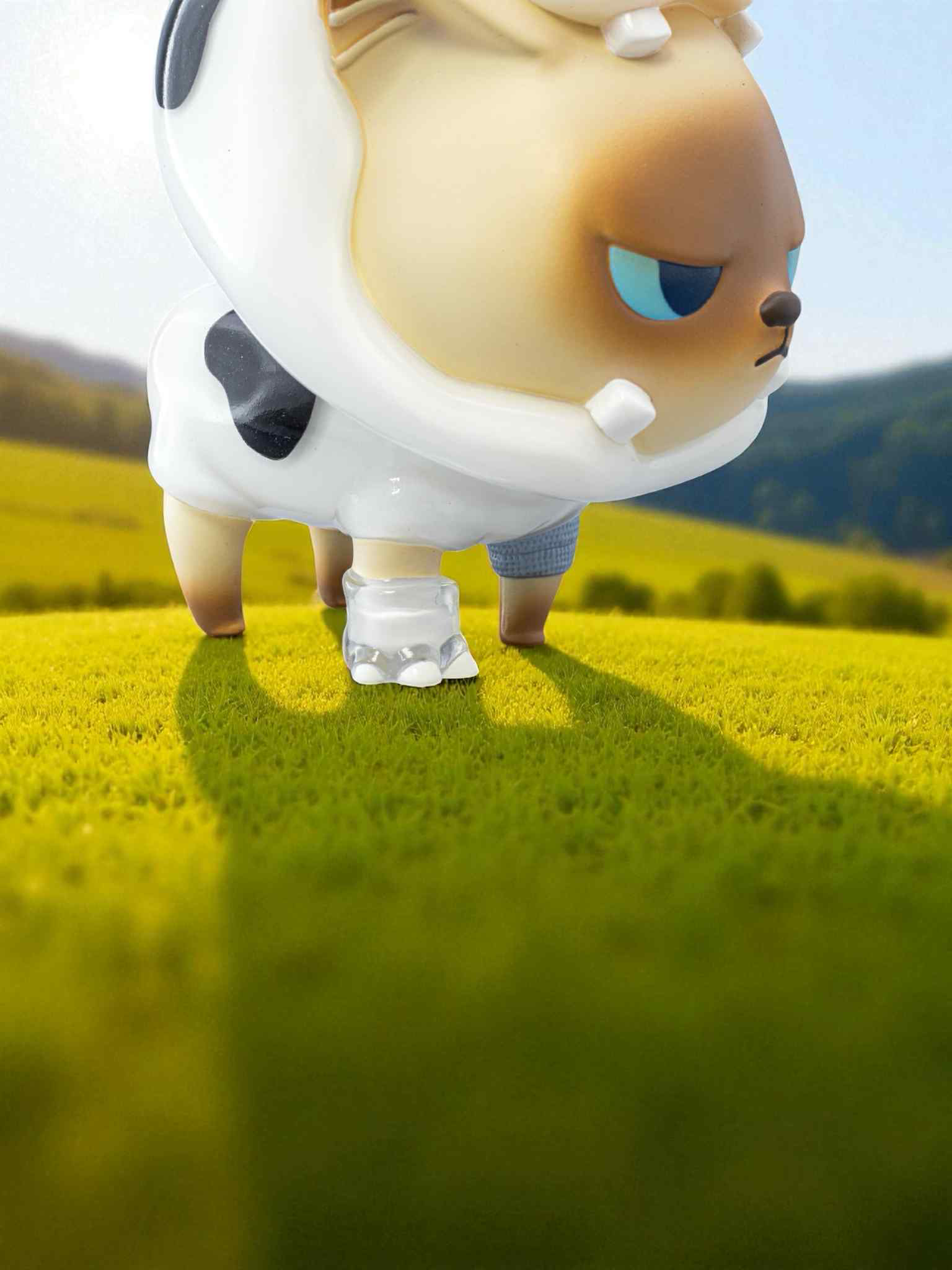 Zombo Cafe - Zombo LATTE & Cow Hibbo figurine in a cow costume, with a translucent cast on its foot, standing on a grassy field.