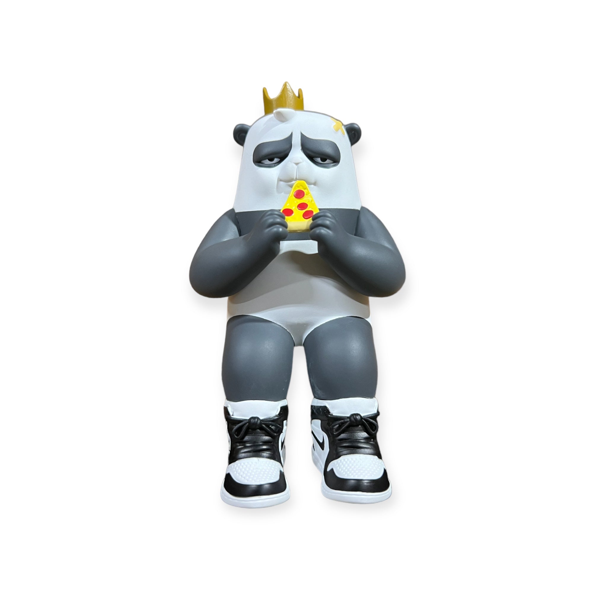 Chunky Boy Panda The Bear Champ Vinyl by JC Rivera, a 4 figure holding pizza, designed to sit on a shelf edge. Limited edition.