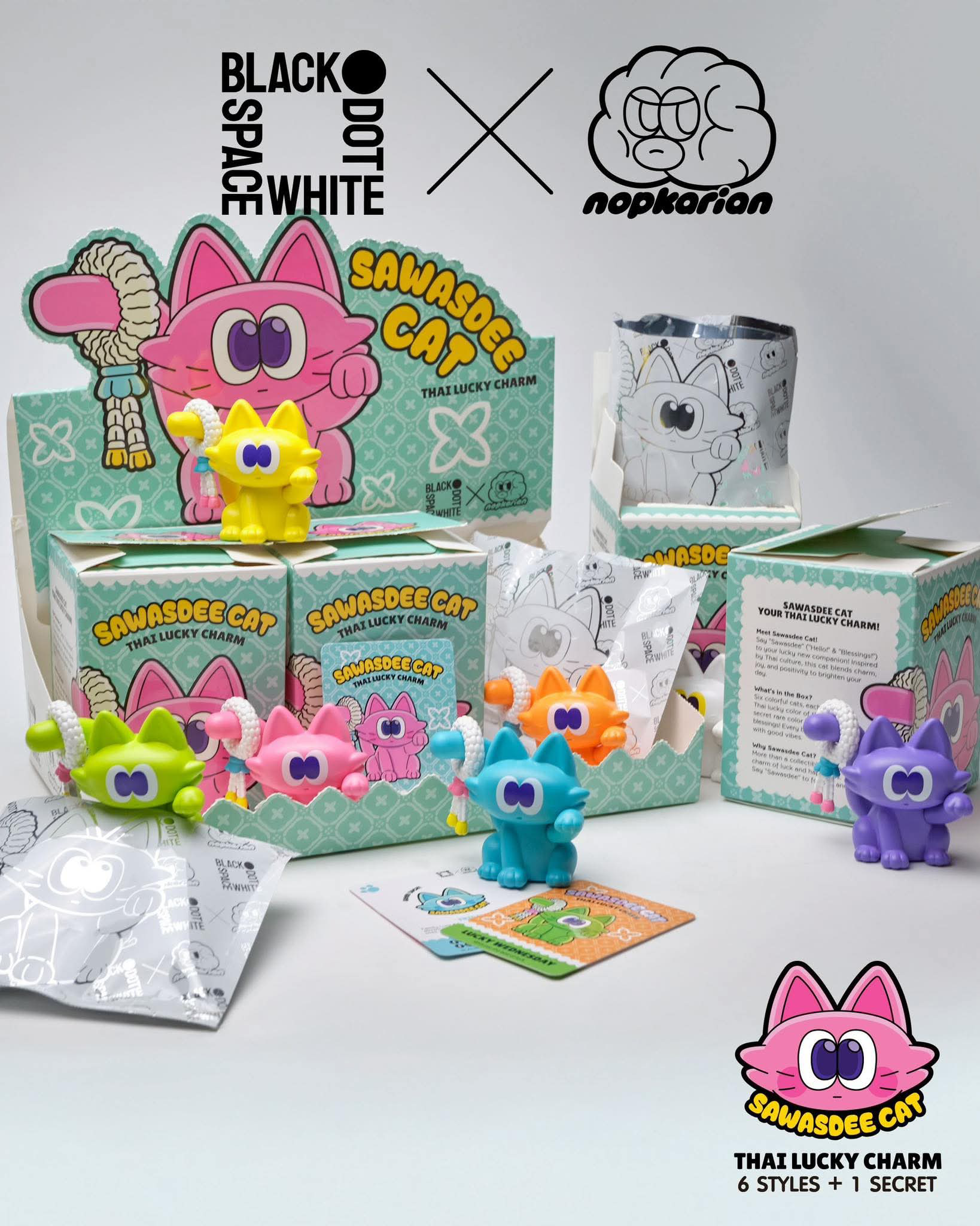 Sawasdee Cat Blind Box Series featuring a plastic bag with a cartoon character, a close-up card, and a yellow toy animal with blue eyes.