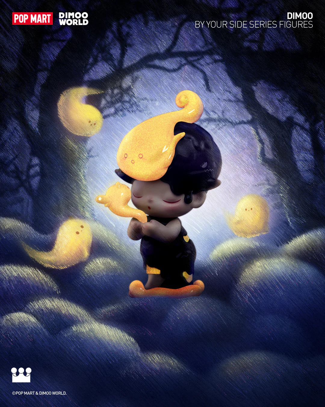 Alt text: DIMOO By Your Side Blind Box Series - Preorder featuring a cartoon character holding a yellow object in a forest background.