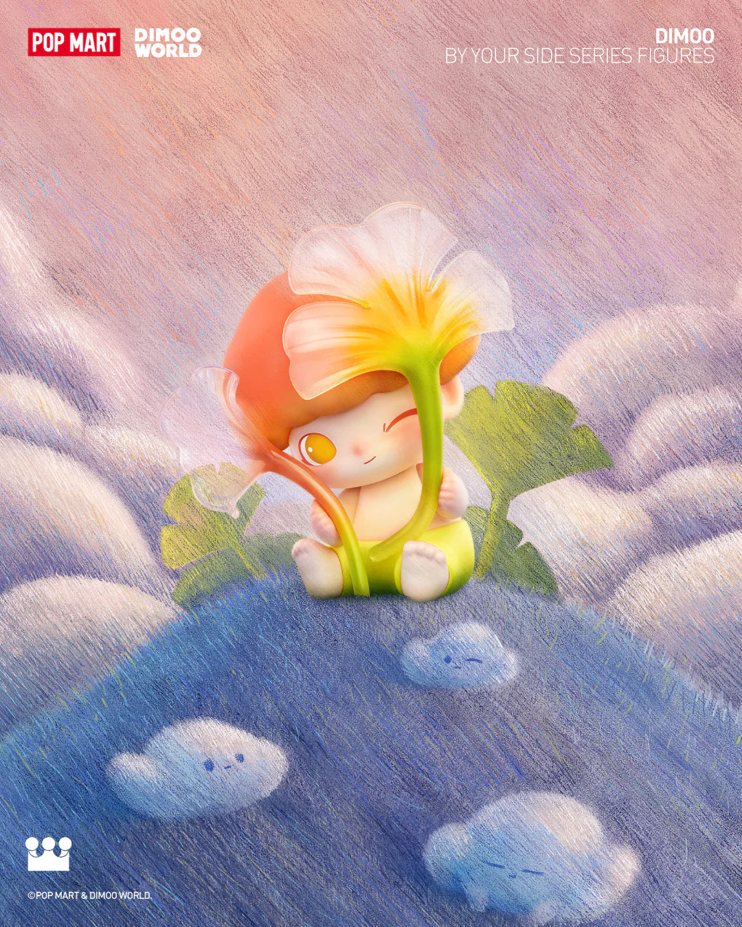 Cartoon character holding a flower from DIMOO By Your Side Blind Box Series - Preorder, featuring 12 designs and 1 secret, ships July 2024.