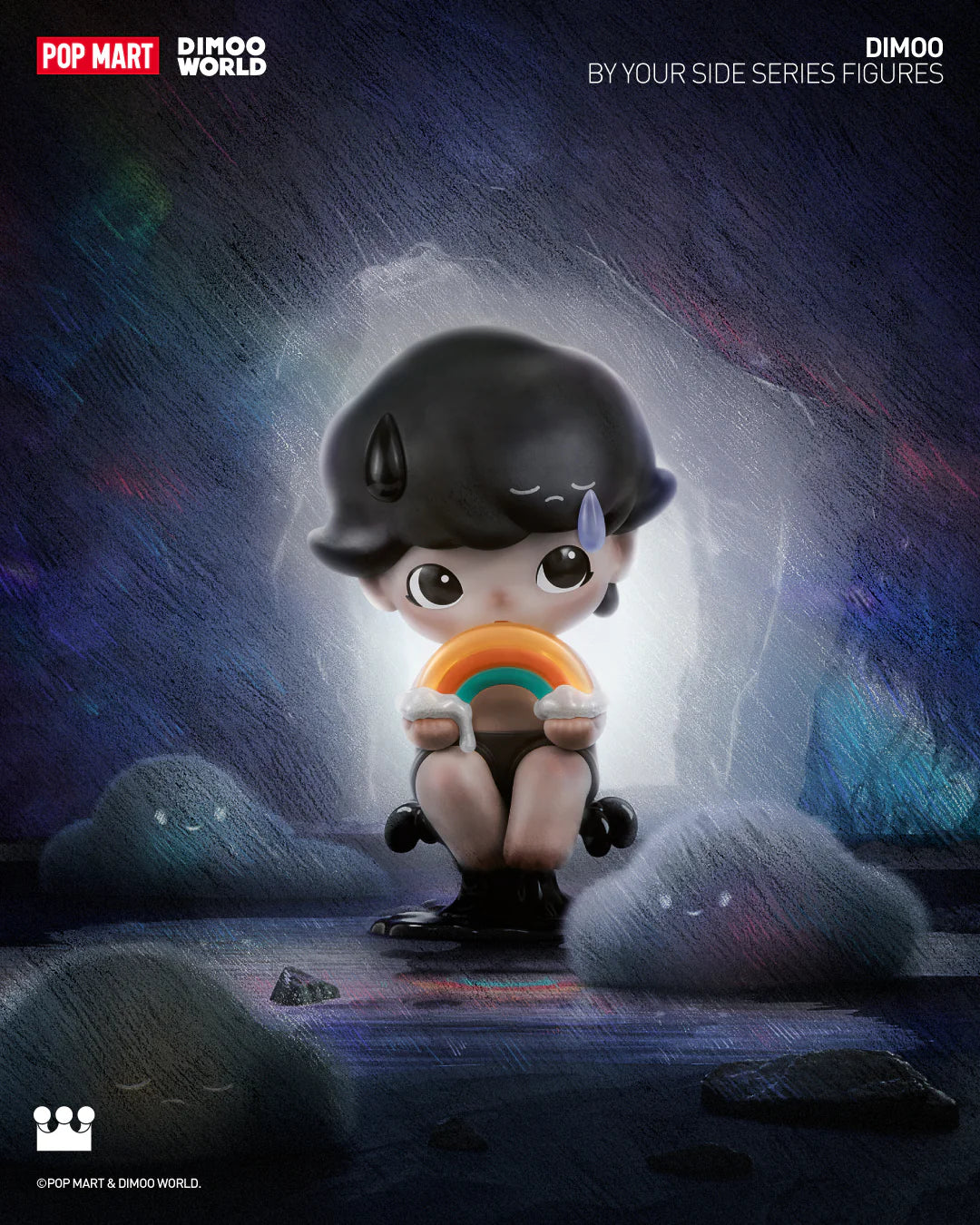 DIMOO By Your Side Blind Box Series figurine of a cartoon boy holding a rainbow, available for preorder, ships July 2024.