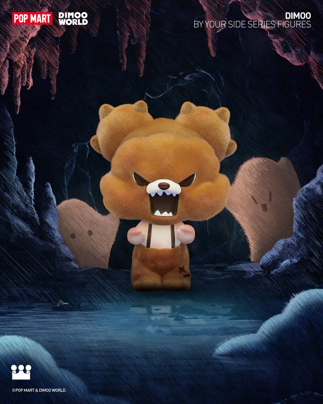 Alt text: DIMOO By Your Side Blind Box Series stuffed animal in a cave, part of a 12-design preorder collection.