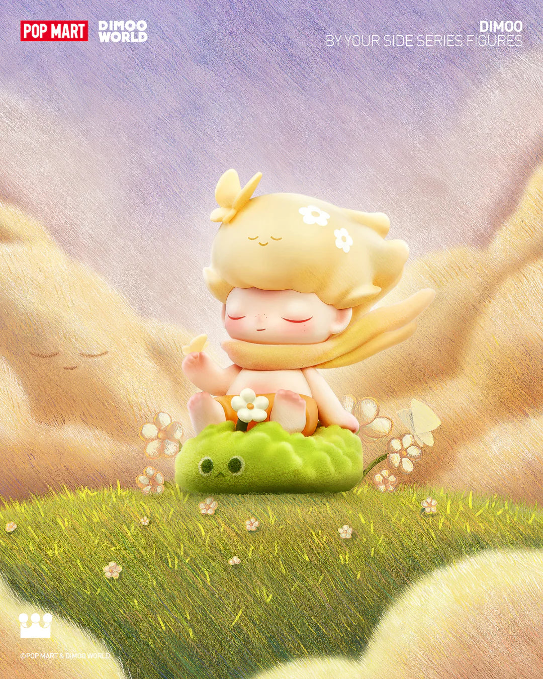 Alt text: DIMOO By Your Side Blind Box Series cartoon character sitting on green pillow, part of a 12-design set, preorder for July 2024.