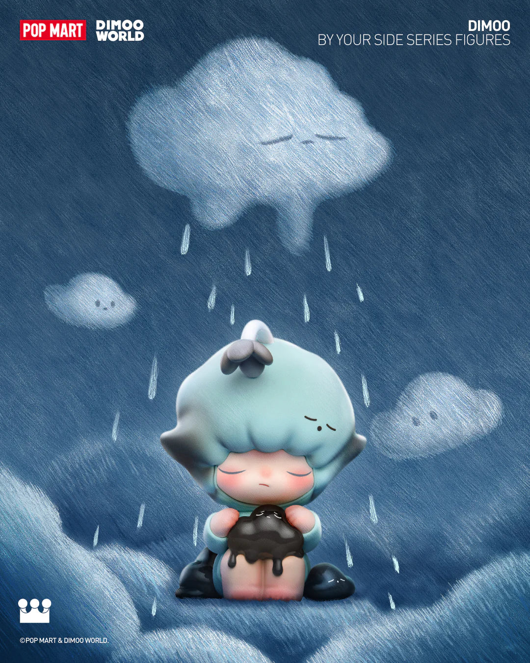 Alt text: DIMOO By Your Side Blind Box Series preorder featuring a cartoon character holding a donut under a sad-faced cloud.