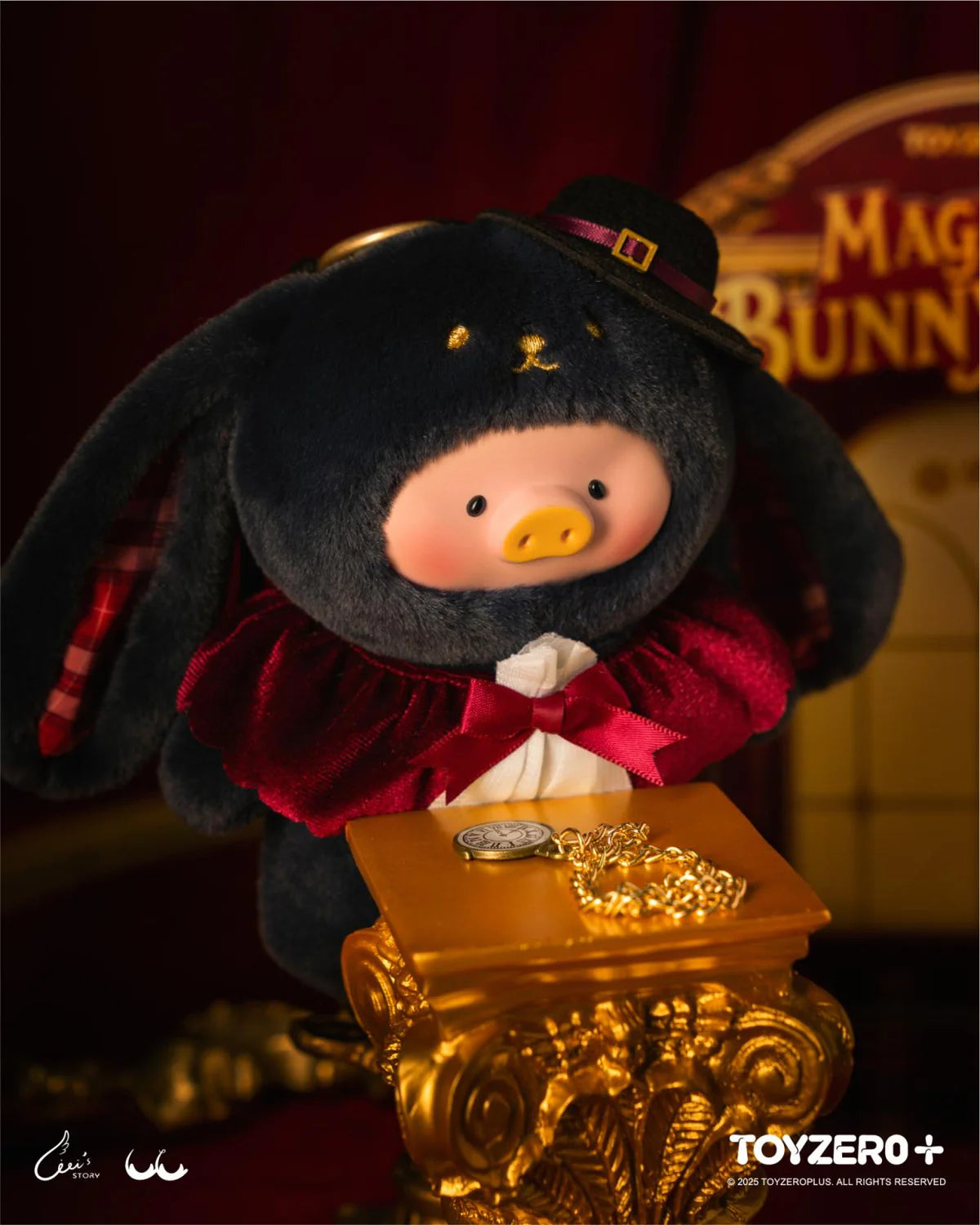 LuLu the Piggy - Vinyl Face Plush Keychain (Magician Bunny LuLu ver.) in black bunny suit with top hat and medallion on golden pedestal, by TOYZERO+.