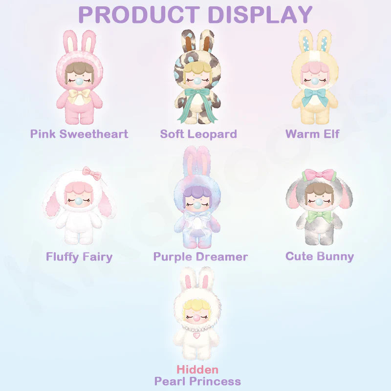 Nanci's Shining Bunny Plush Blind Box featuring cartoon characters, including a doll and stuffed animal, showcasing 7 collectible designs in PVC and polyester.