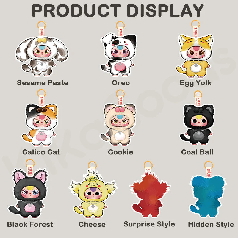 Baby Three - Cats and Dogs Blind Box pre-order featuring nine stylized animal-costumed keychain characters, plus two secret designs, arranged in a 3x3 grid.