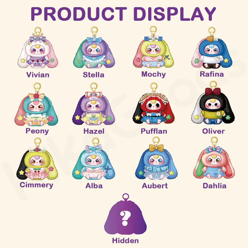 Baby Three - Lily Rabbit Town 4 keychain series display featuring 12 named bunny characters and one secret design. Preorder for shipping by October 2025.