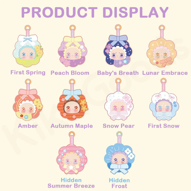Lovely EMMA Floral Seasons Series Plush Blind Box poster displaying ten pastel character charms with floral frames, available for preorder at Strangecat Toys.