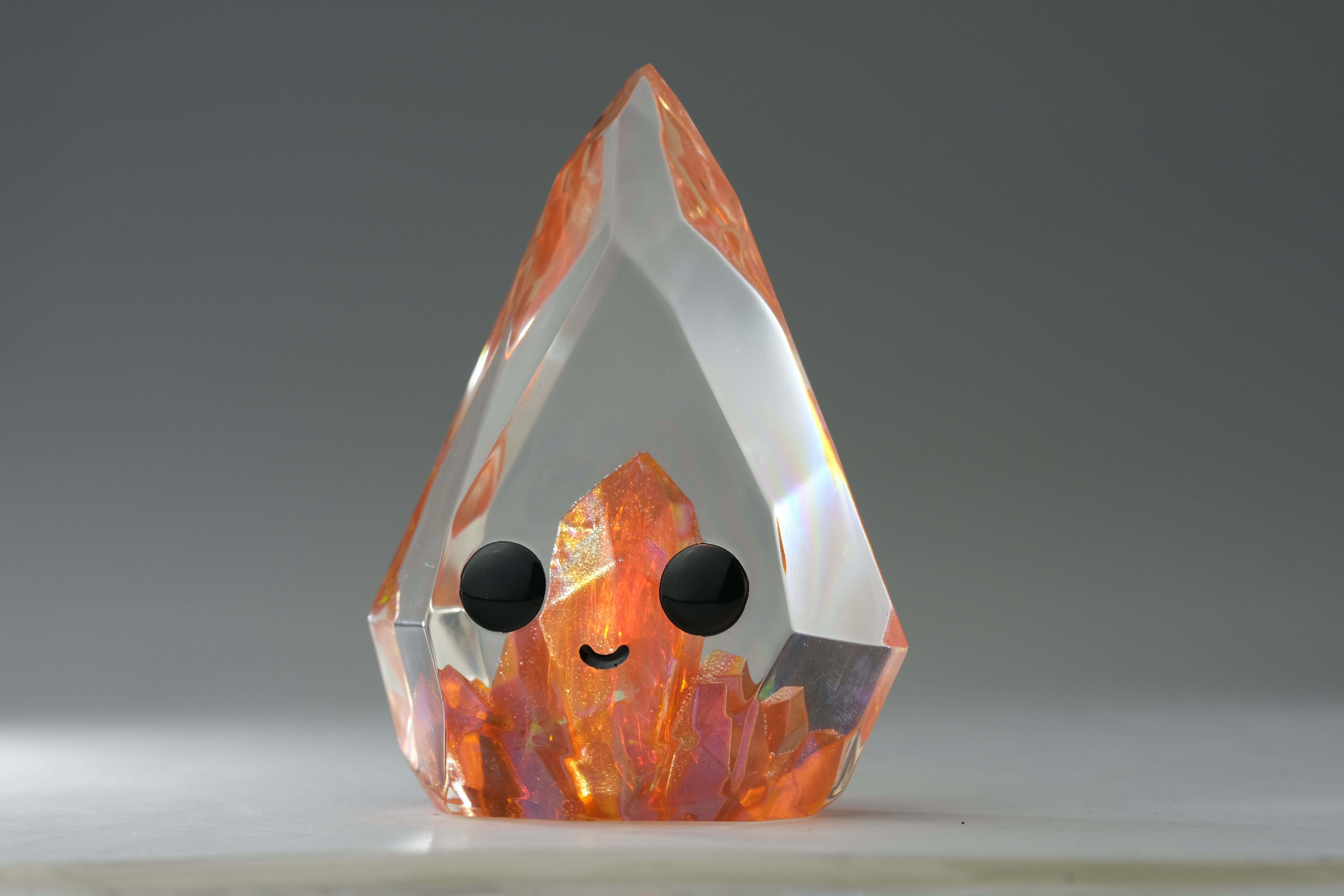Fire Opal Prismite by Yutoos: A 3.5 resin art toy, edition of 50, showcasing intricate glass and crystal-like textures.