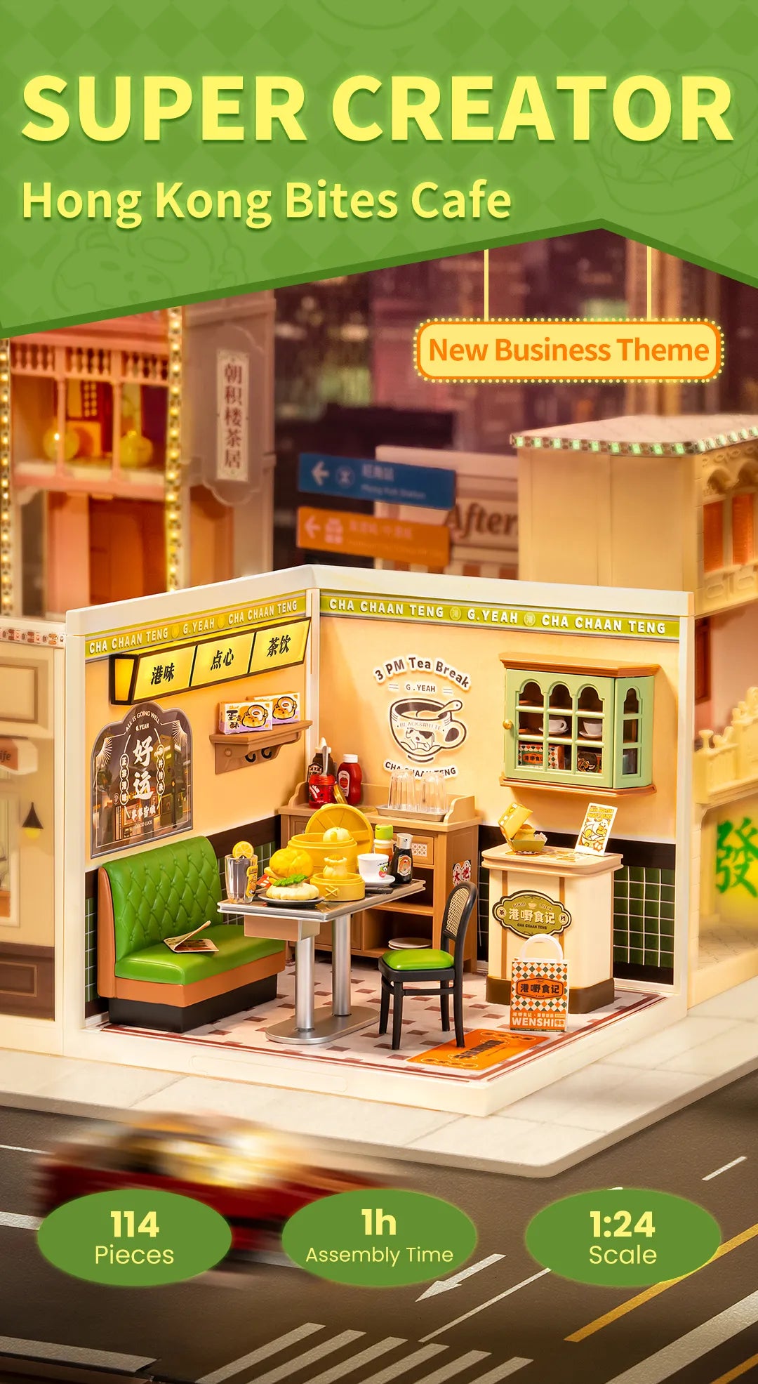 Rolife Super Creator Miniature House - Hong Kong Bites Cafe DW021: 1:24 scale diorama of a cha chaan teng with 114 pieces, featuring booth seating and food props.