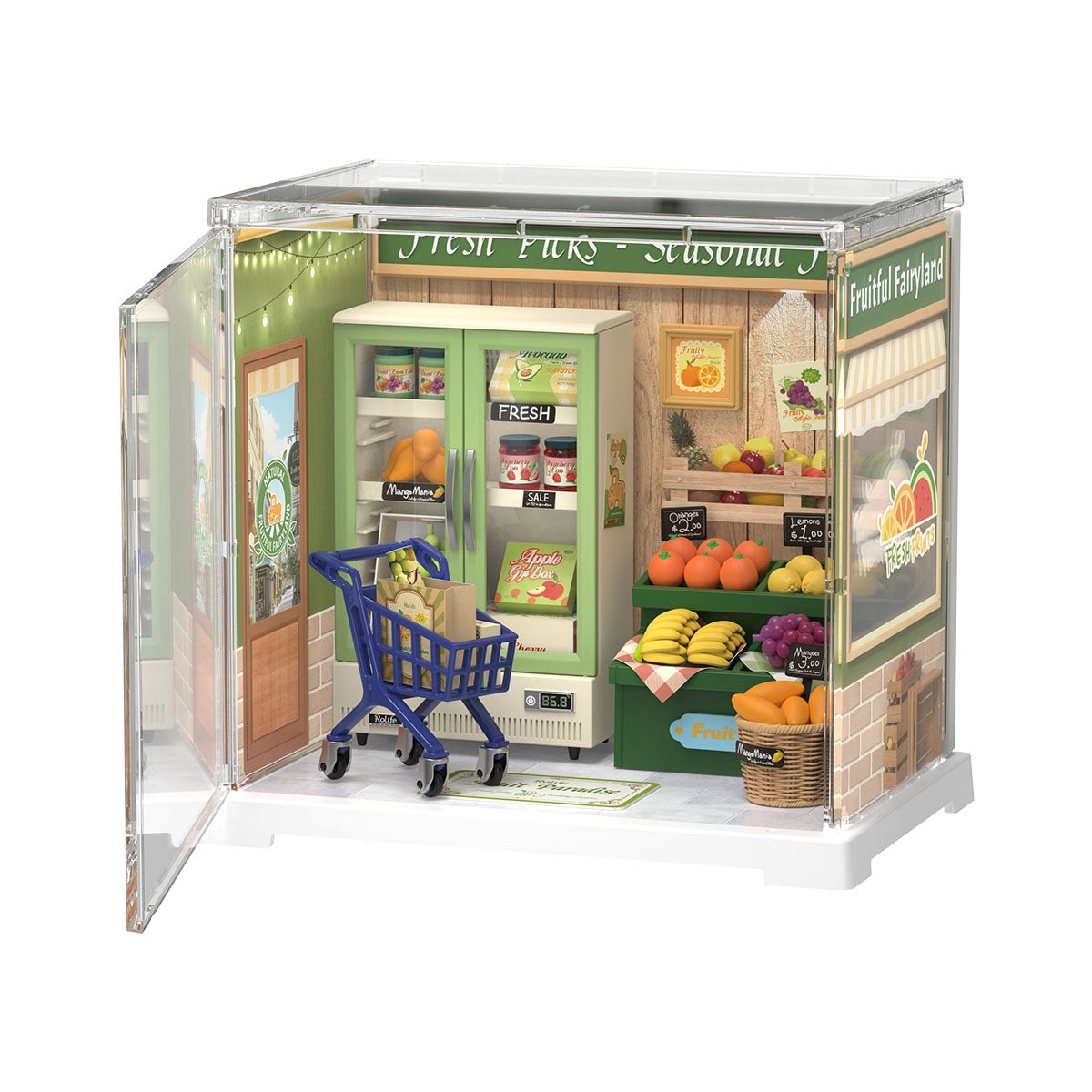 Rolife Mini Super Creator DIY Miniature House featuring a detailed fruit shop diorama with model fruits, shelves, signage, and a tiny shopping cart.