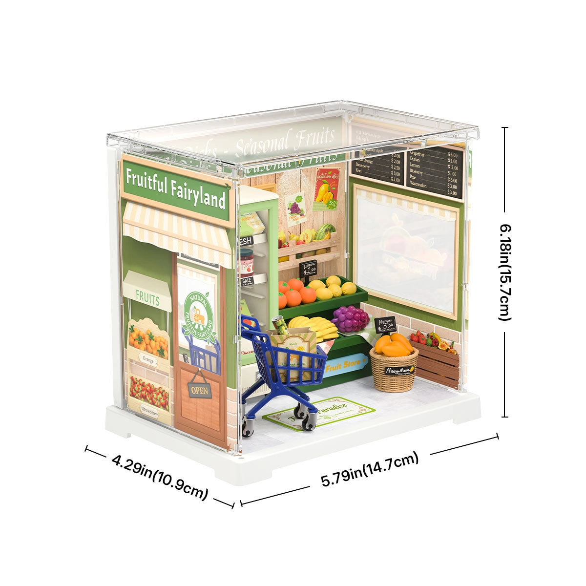 Rolife Mini Super Creator DIY Miniature House - Shop Series: A detailed miniature fruit market diorama with crates, awning, and cart, perfect for creative assembly.