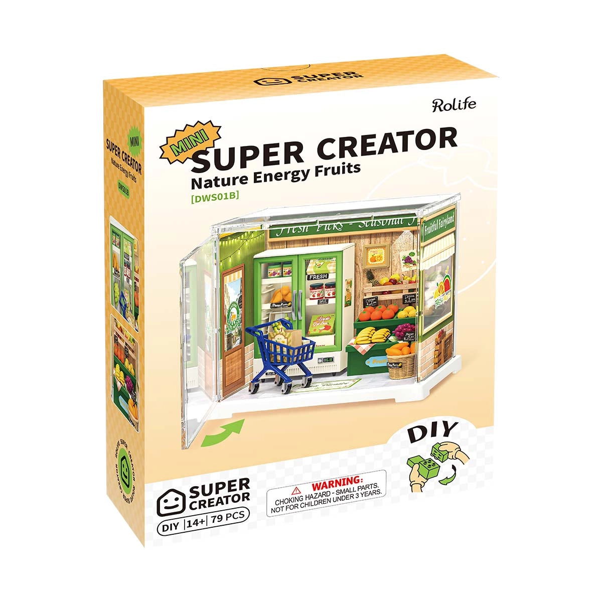 Rolife Mini Super Creator DIY Miniature House - Shop Series: 79-piece kit to craft a tiny fruit stand scene with produce cooler, fruit shelves, and shopping cart.
