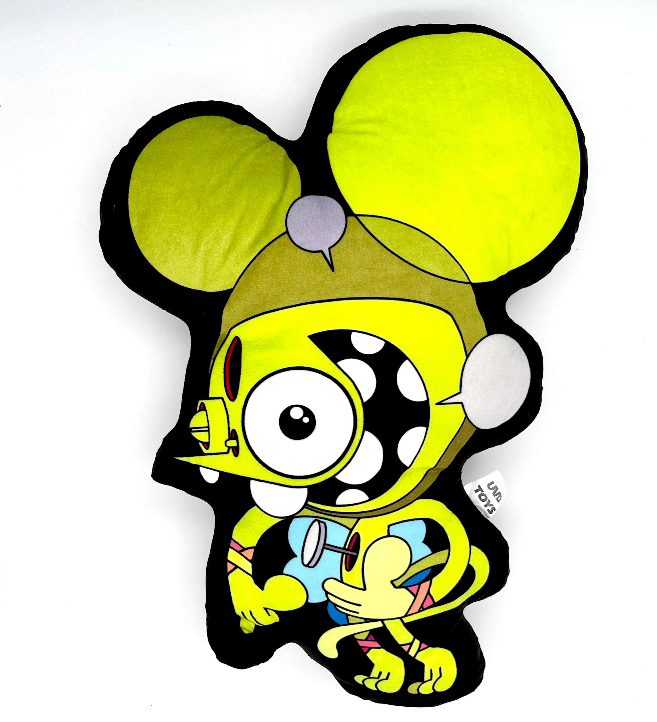 Dalek 18 Pillow featuring a cartoon character, with a colorful front design and black back with artist's signature. Soft, hand-washable decorative piece.