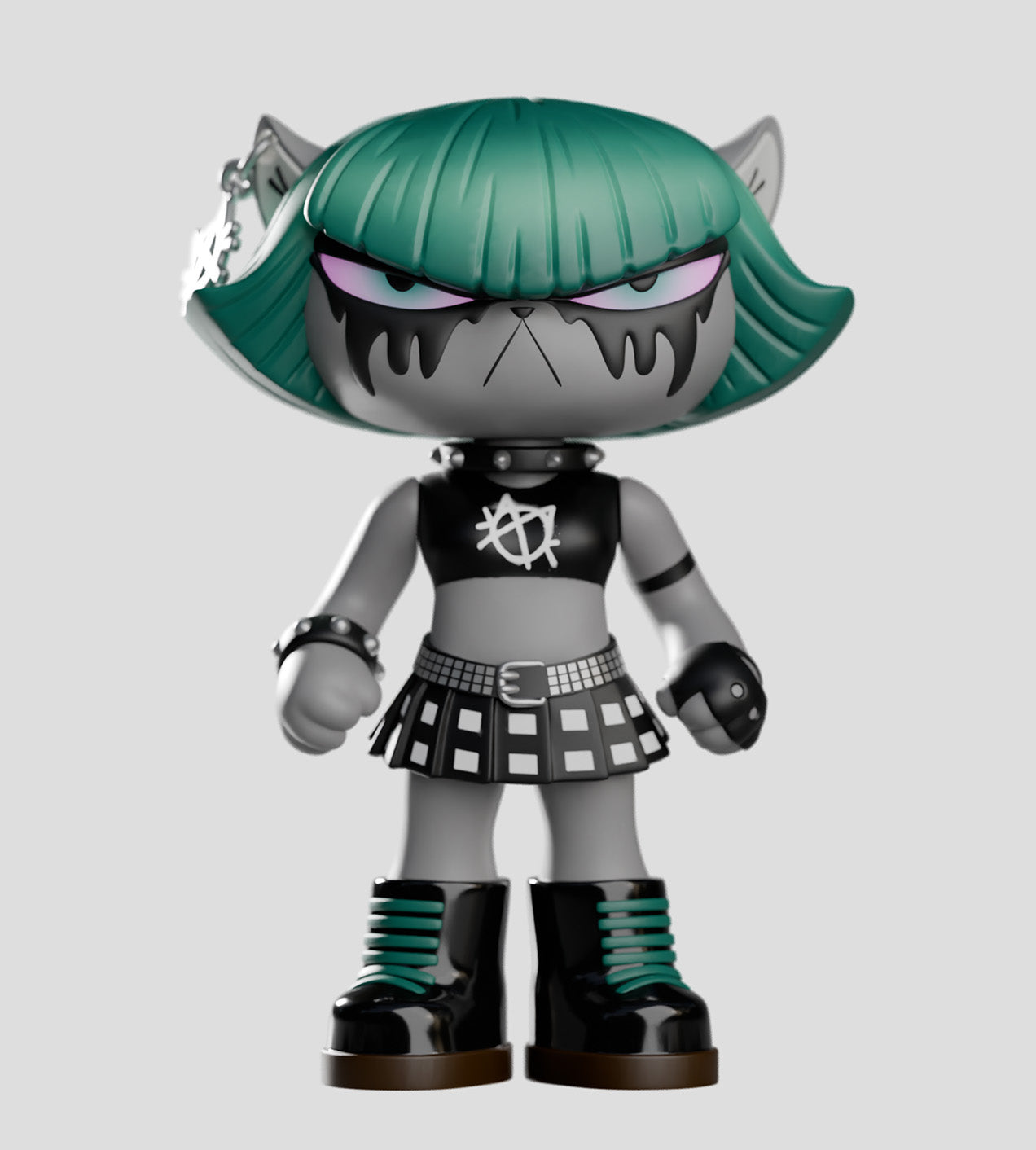 Dark City Kitty! figurine, featuring a punk-inspired cartoon cat with green hair, black boots, and a white-symbol belt, crafted in PVC and ABS.