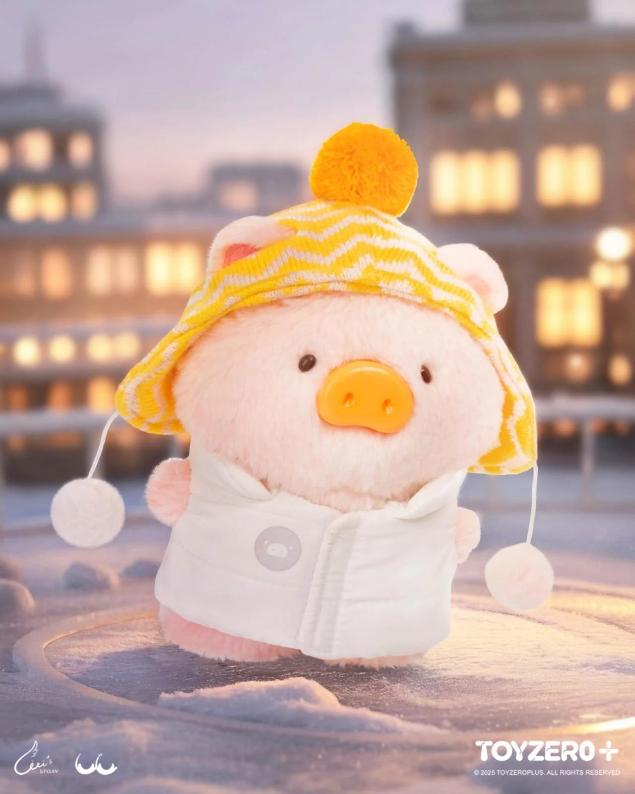 LuLu the Piggy wearing a winter snow set, featuring a stylish hat and coat, part of the travel outfit collection.
