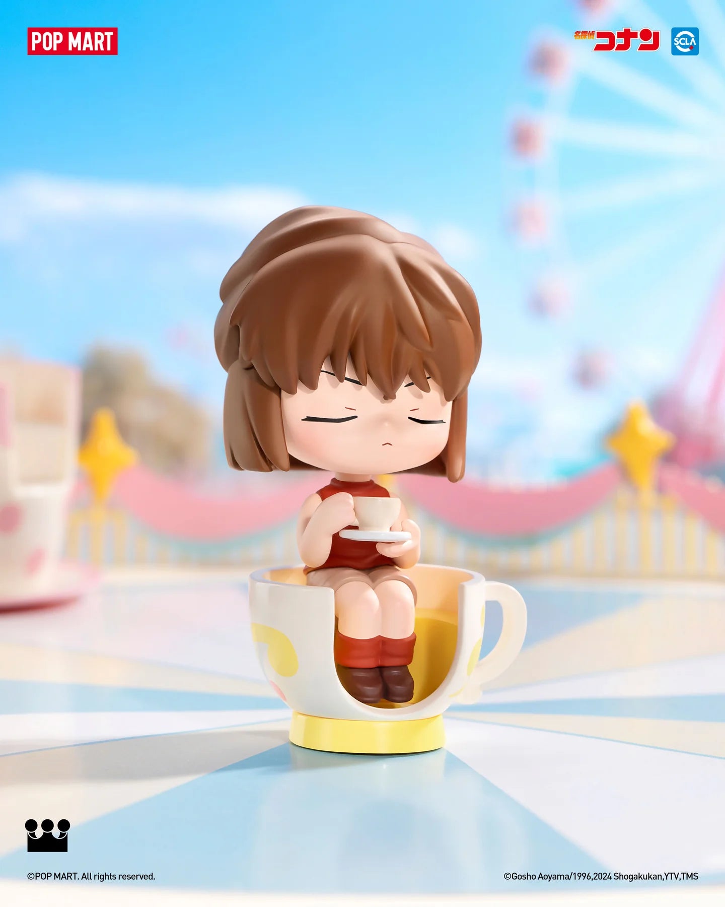 Detective Conan Carnival Blind Box Series: a cartoon figurine of a girl sitting in a teacup, part of a toy collection.