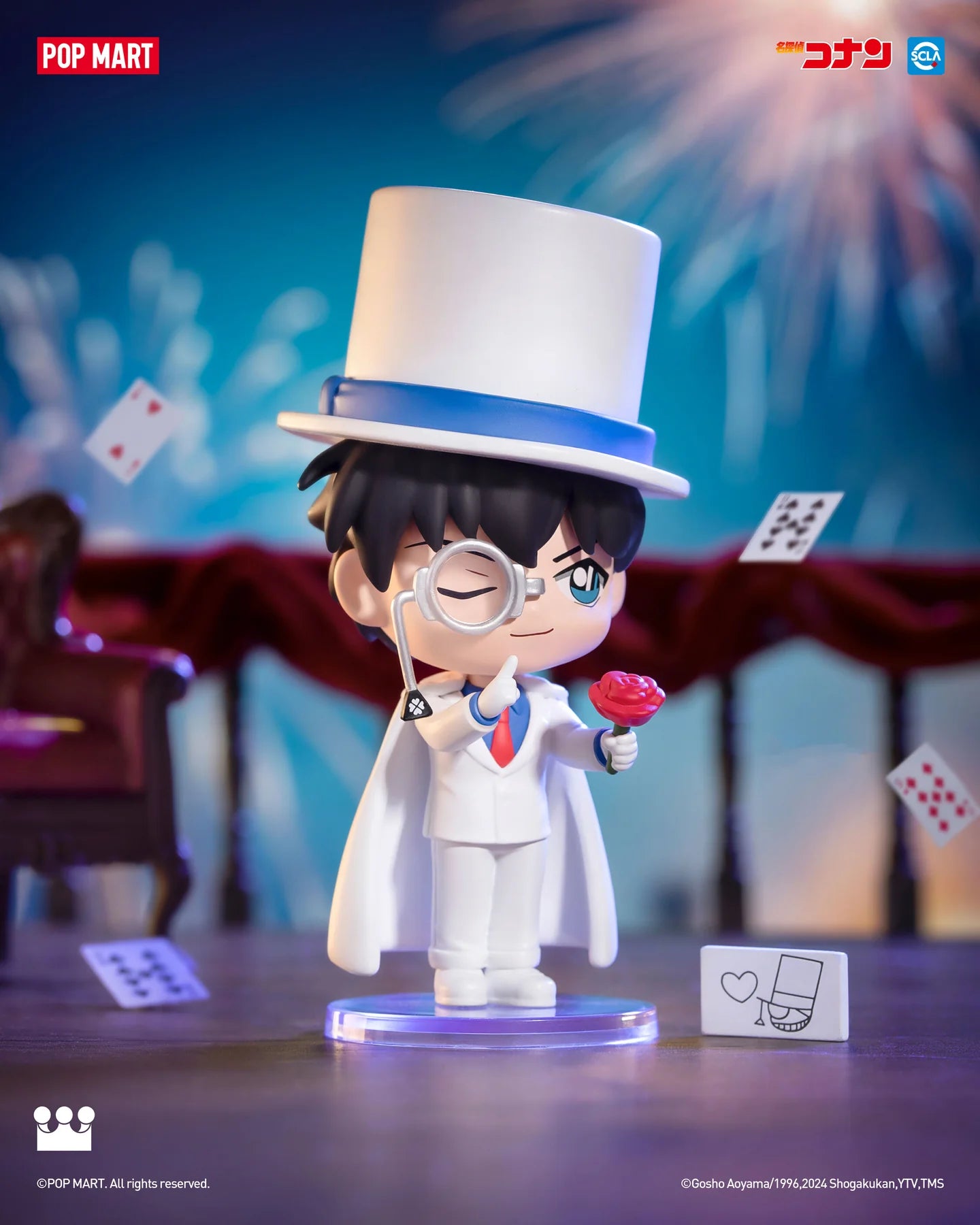 Toy figurine of a man in a white suit with a flower and magnifying glass, part of Detective Conan Carnival Blind Box Series.