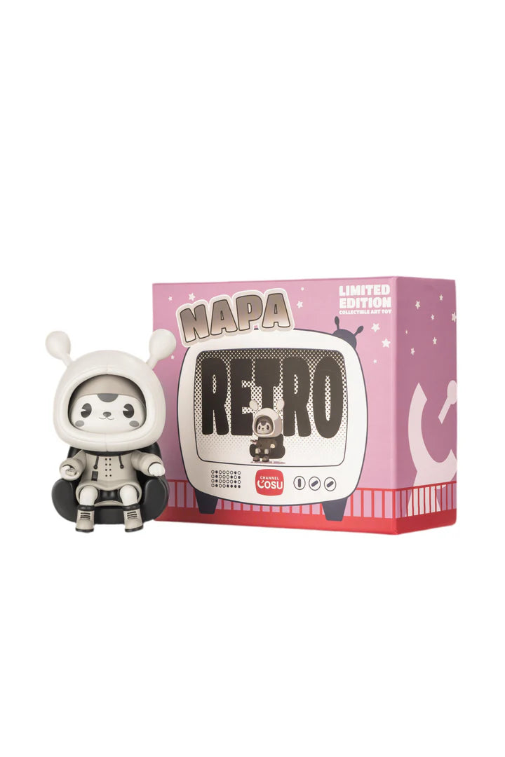 Napa - Retro collectible art toy by Channel Cosu, featuring a panda-like character in a space suit, seated in an armchair, next to a matching themed box.