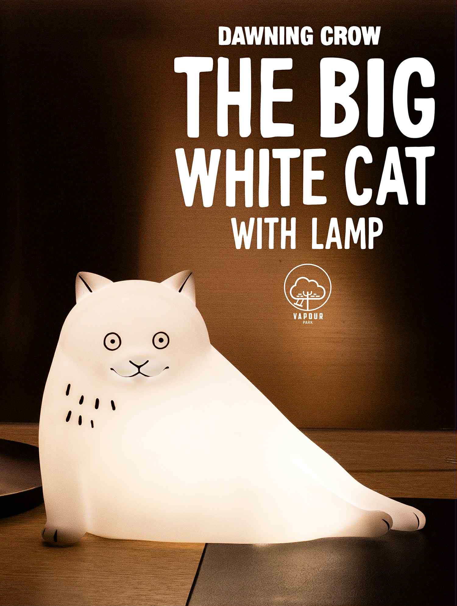 Big White Cat lamp by Dawning Crow, glowing softly, with simple features on a wooden surface. Preorder available, 17cm tall, PVC material.
