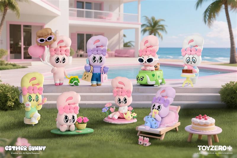 Esther Bunny Holiday Vibe Series Blind Box render featuring nine pastel bunnies in different poses by a villa, poolside, for preorder at Strangecat Toys.
