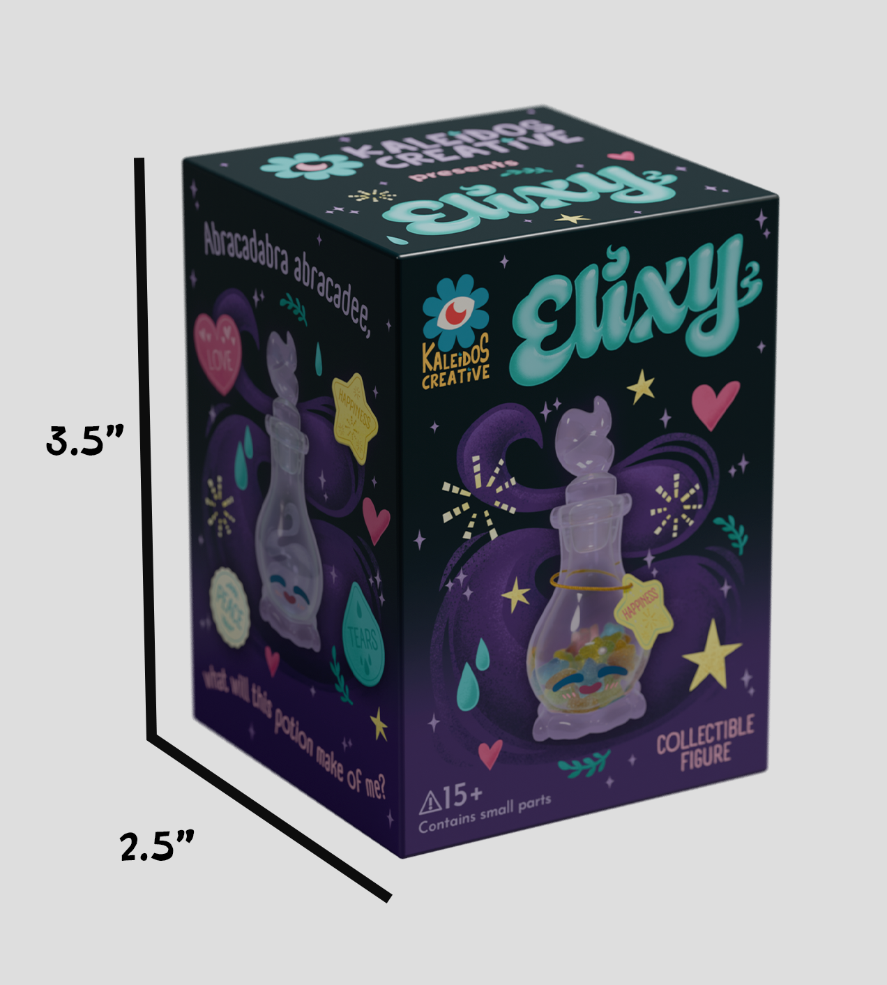 Elixy Blind Box packaging featuring magical potion artwork, a cat-ear-topped bottle with sparkly emotions, and age warning, designed by FigCat for collectors.