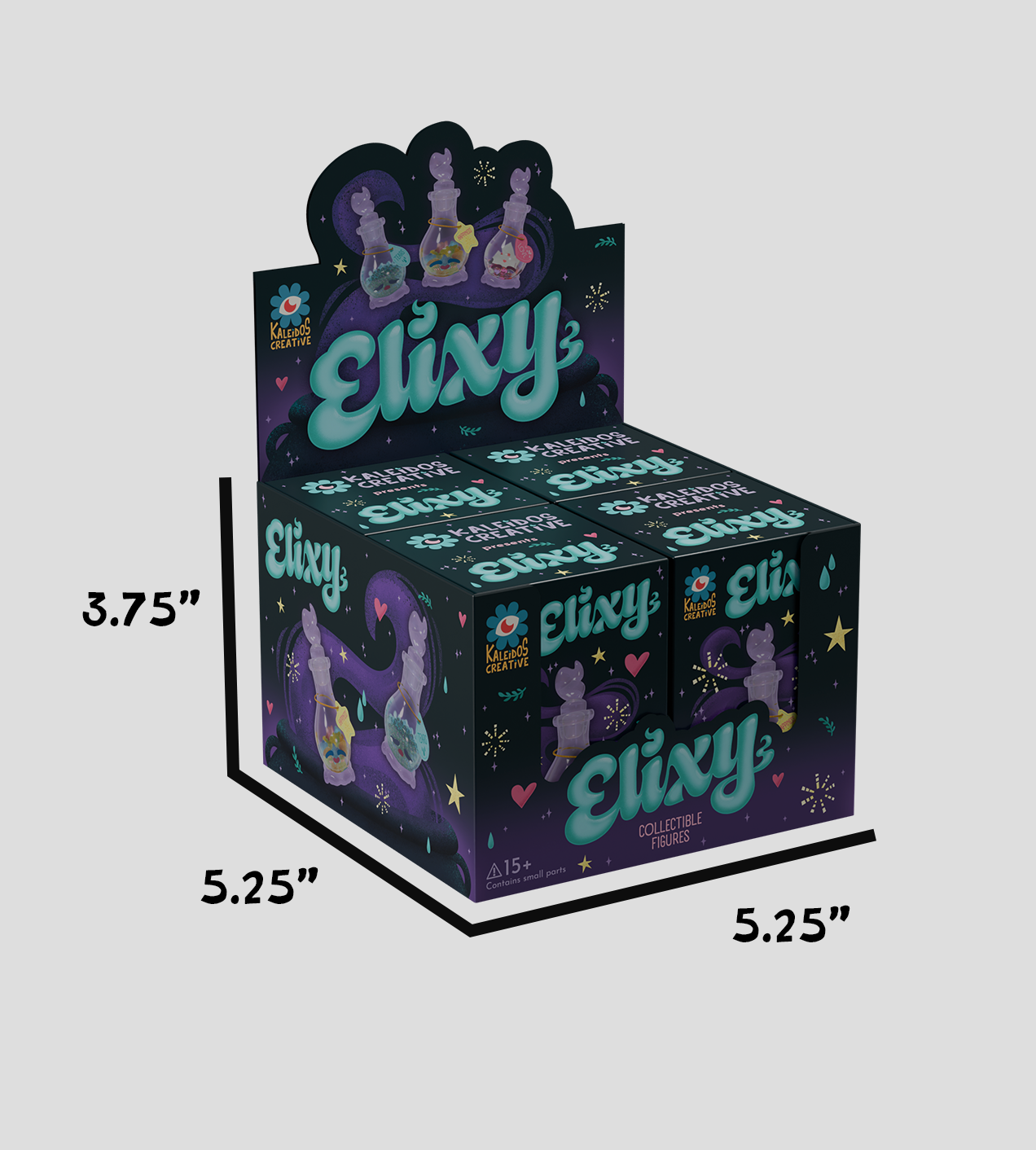 Elixy Blind Box display, featuring potion-bottle figures with cat silhouettes, showcased in a black and purple countertop box holding six collectible packs.