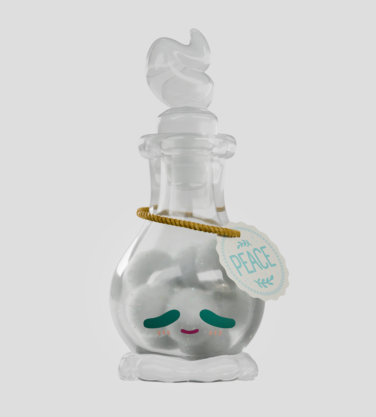 Elixy Blind Box features a cute glass decanter with a sleepy face, filled with glittery spheres and a “PEACE” tag, sealed with a curvy stopper.