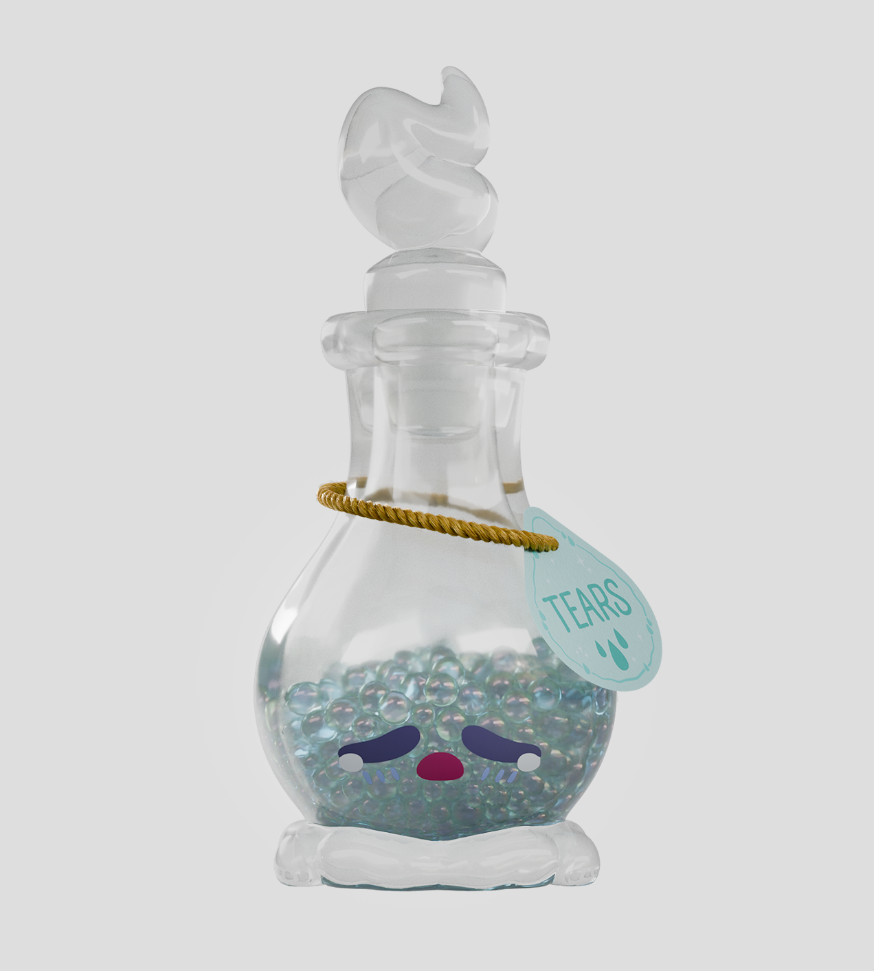Elixy Blind Box: A glass vial with iridescent beads, whimsical stopper, sad face graphic, and TEARS tag. Part of a collectible art toy series.