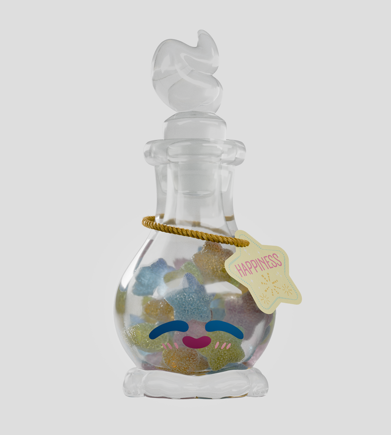 Elixy Blind Box: A potion-style glass bottle with a kawaii face, filled with colorful star candies, sealed with a swirled stopper and HAPPINESS tag.